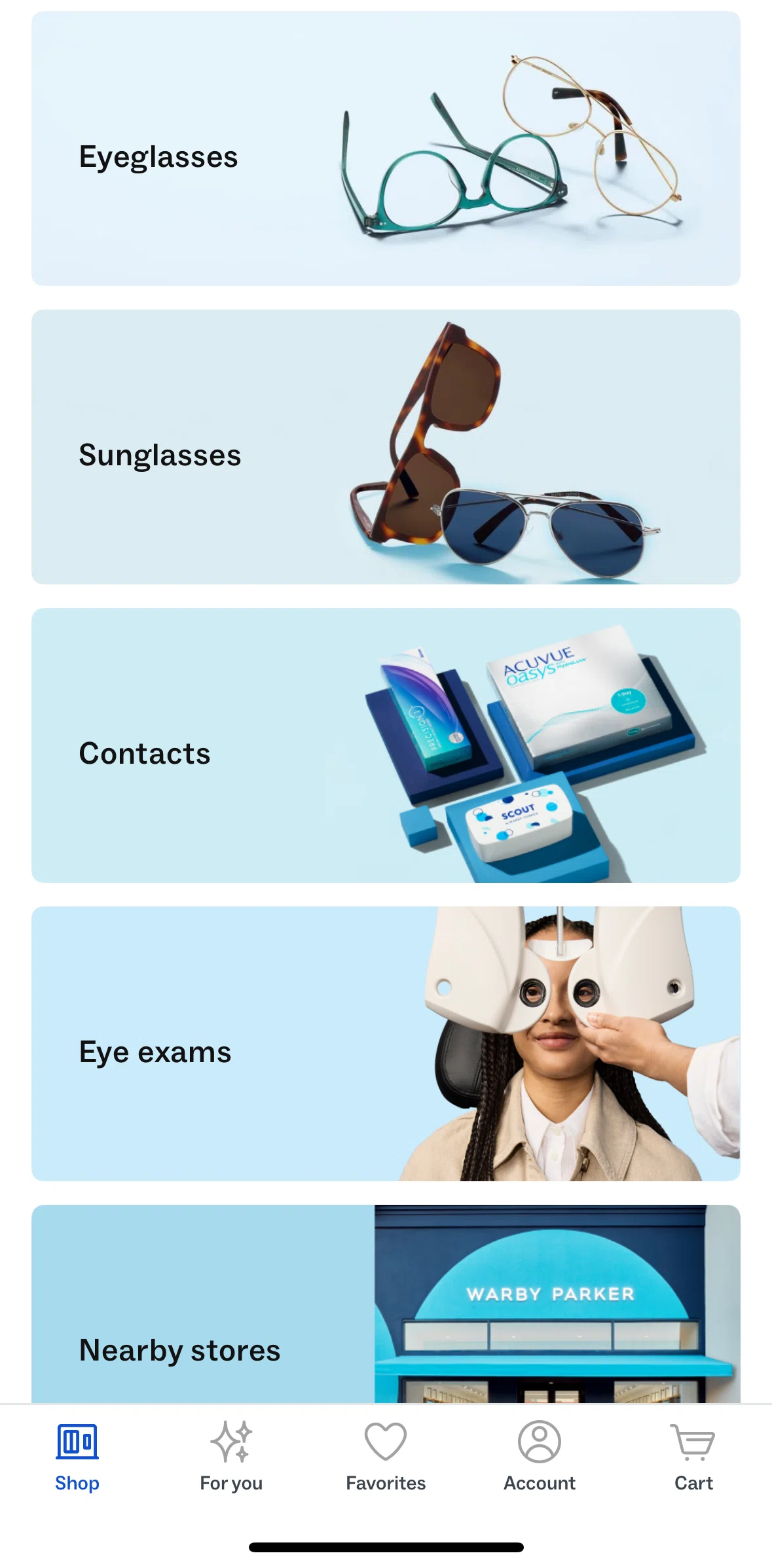 Warby Parker Screen screen in the View a category (contacts) flow
