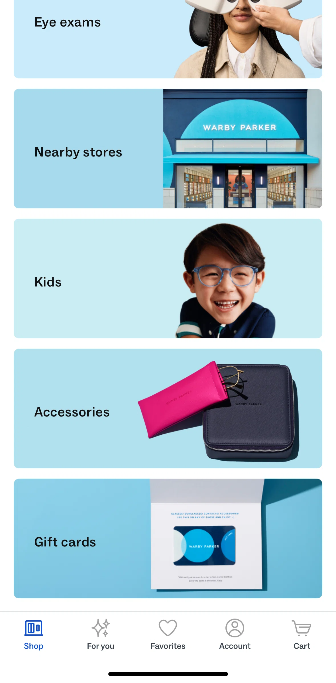 Warby Parker Screen screen in the View a category (kids) flow
