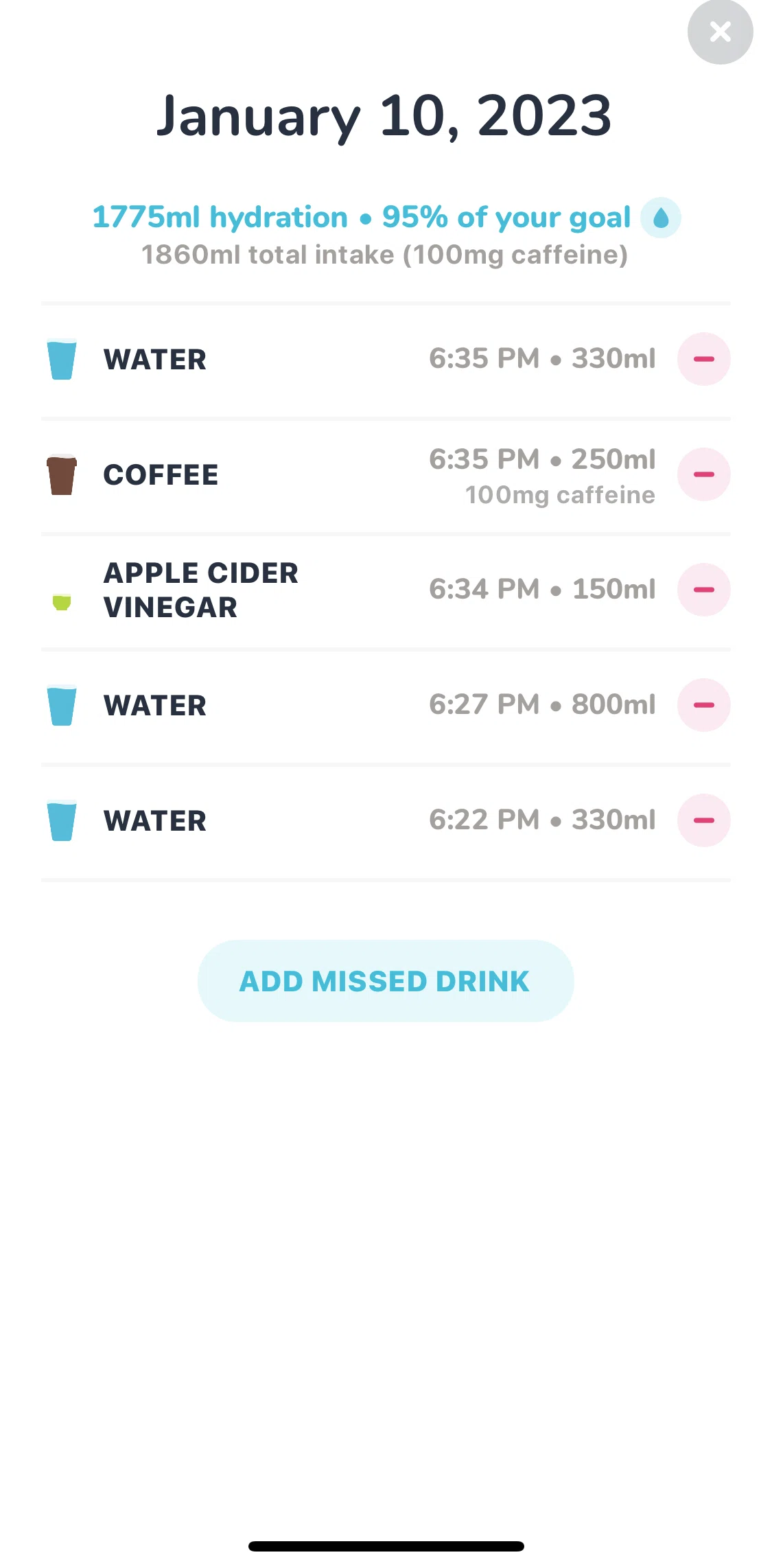 Waterllama Screen screen in the Adding a missed drink flow