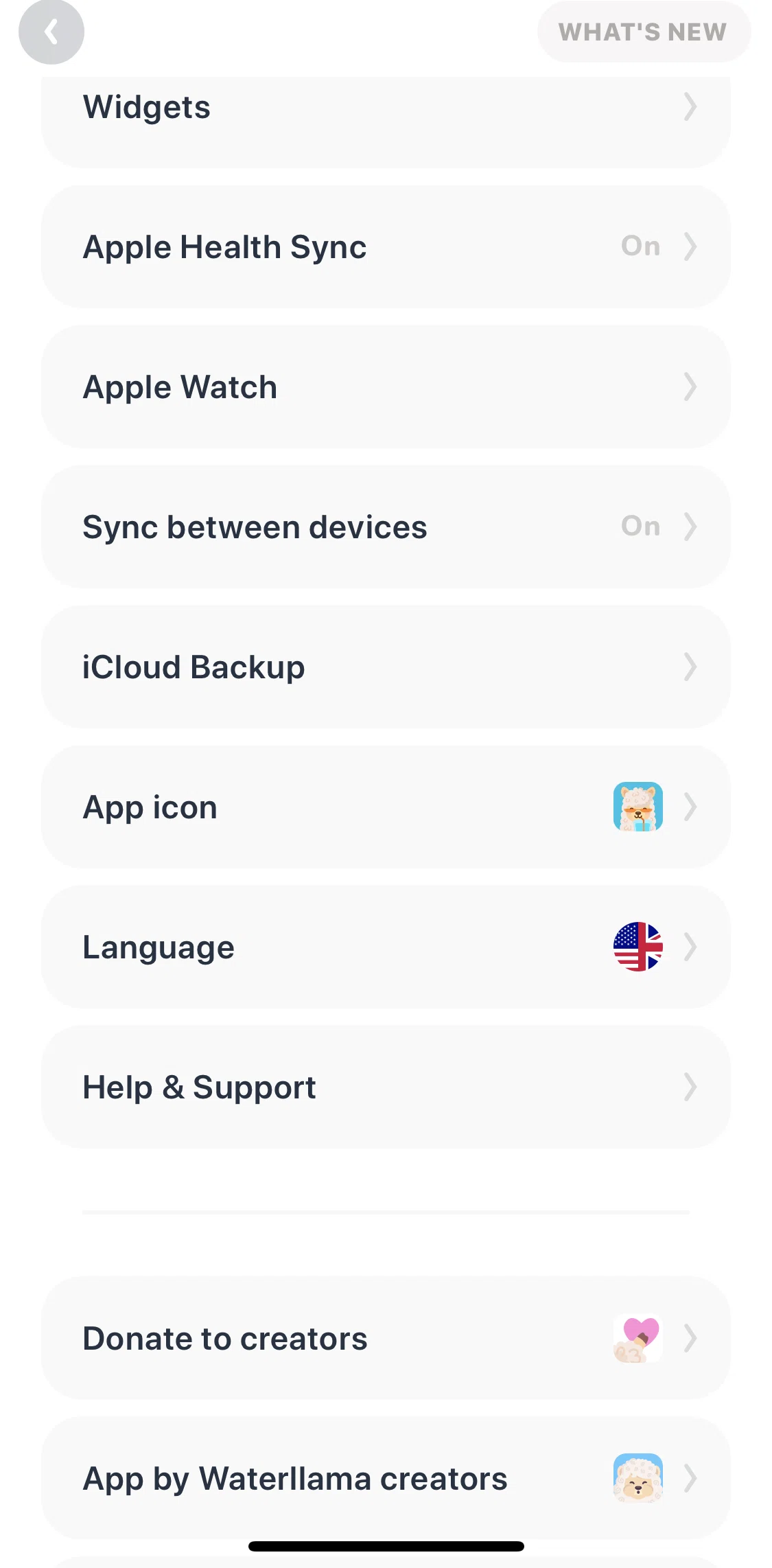 Waterllama Screen screen in the Changing app language flow