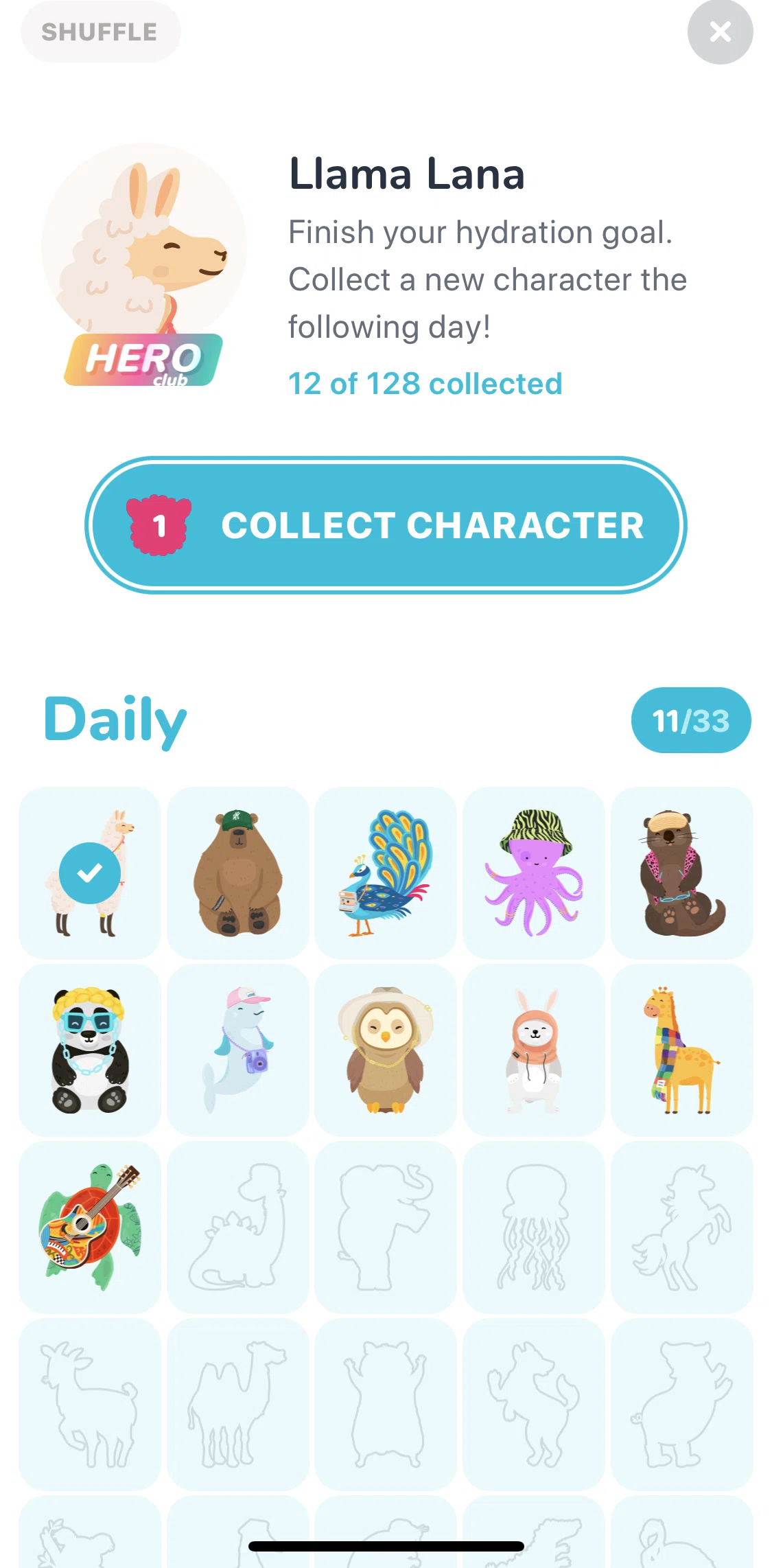 Waterllama Screen screen in the Collecting a new character flow