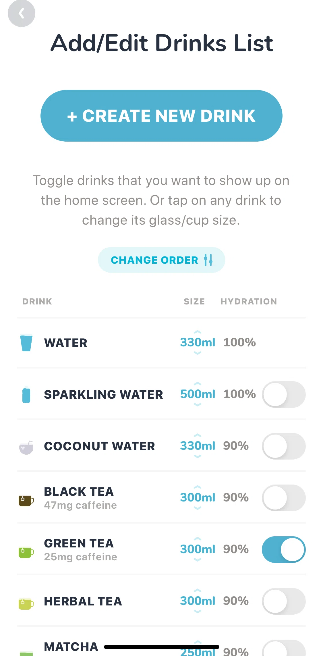 Waterllama Screen screen in the Creating a new drink flow