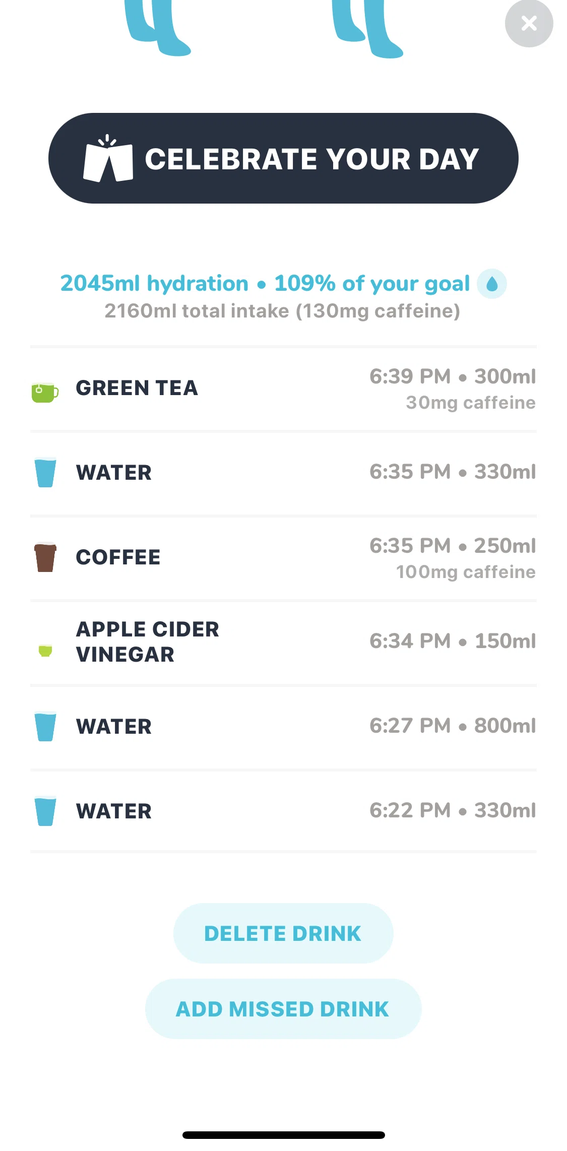 Waterllama Screen screen in the Deleting a drink history flow