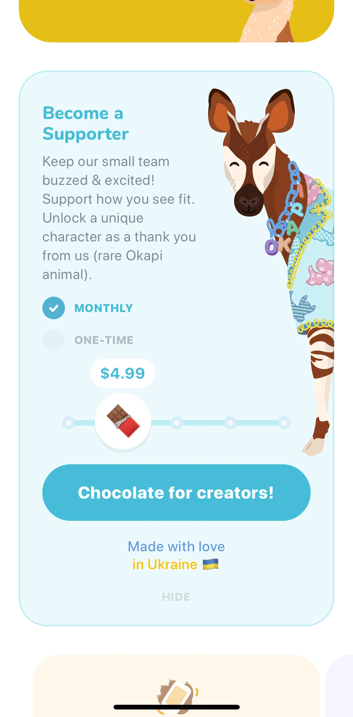 Waterllama Screen screen in the Donating to creators flow