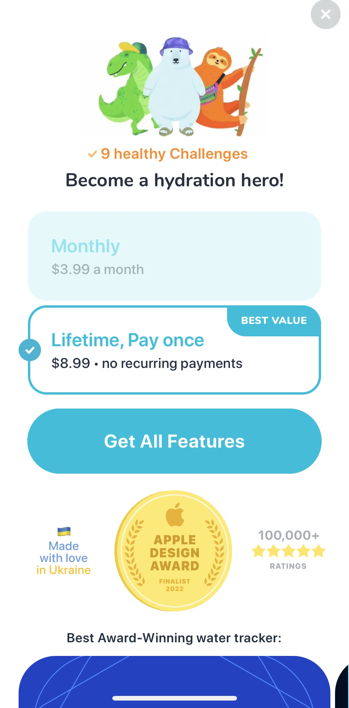 Waterllama Screen screen in the Subscribing to Premium flow