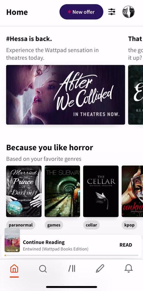 Wattpad Home screen in the General Browsing flow