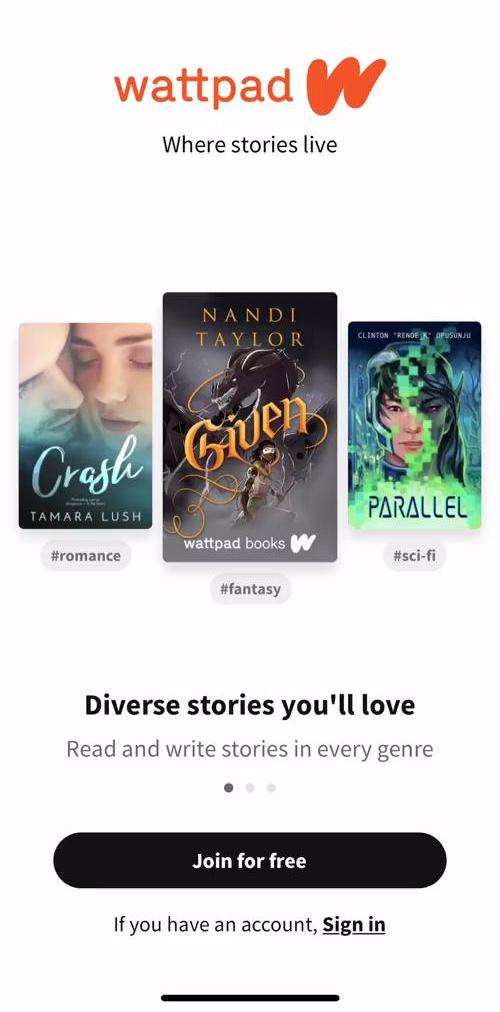 Wattpad Start screen screen in the Onboarding flow