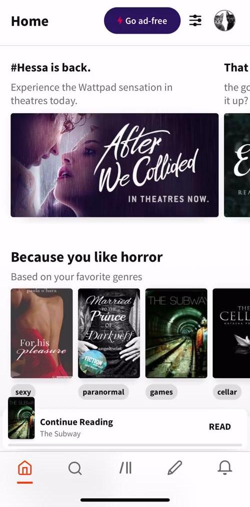 Wattpad Home screen in the Upgrading Your Account flow
