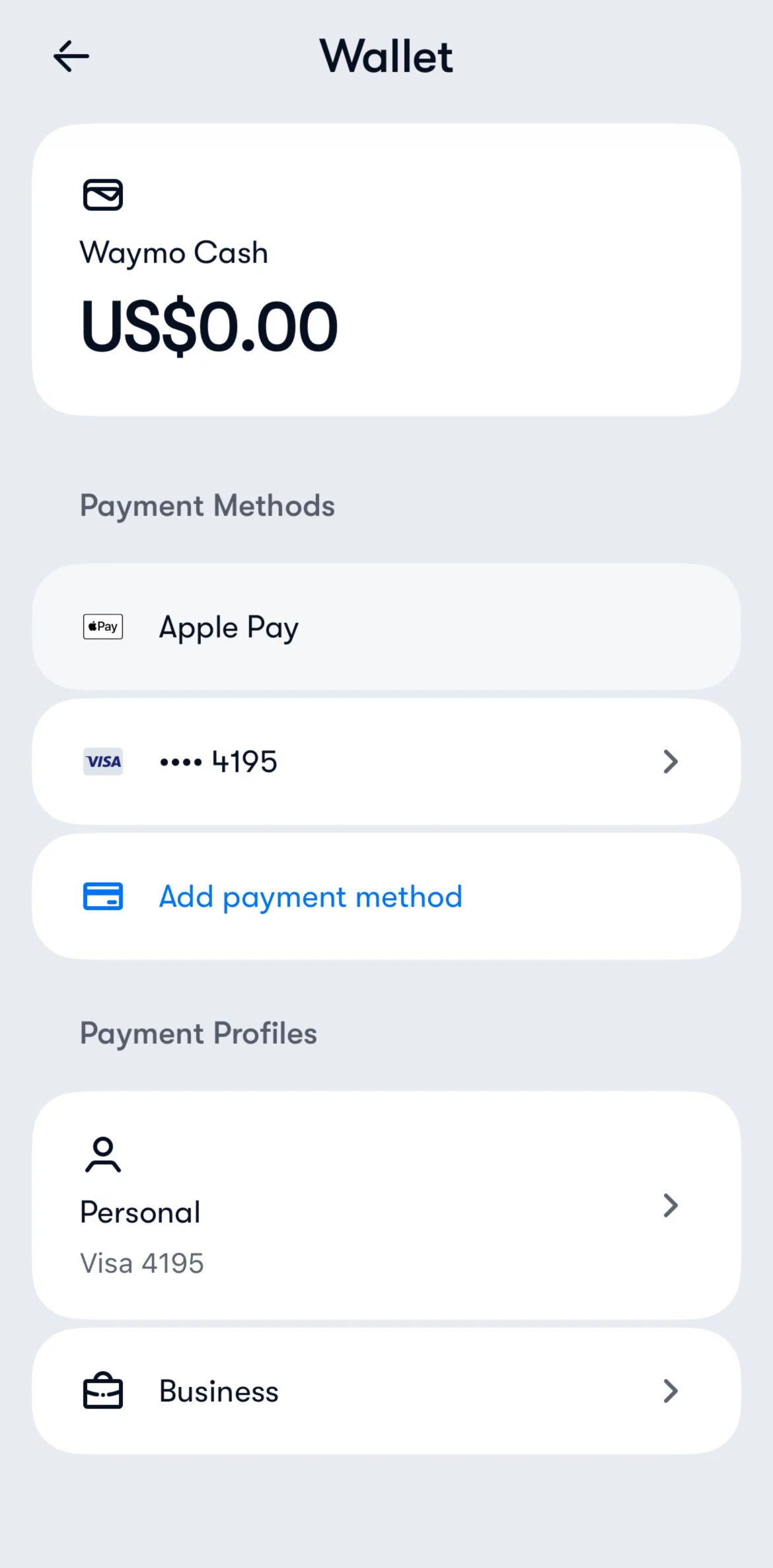 Waymo Screen screen in the Adding a business profile flow