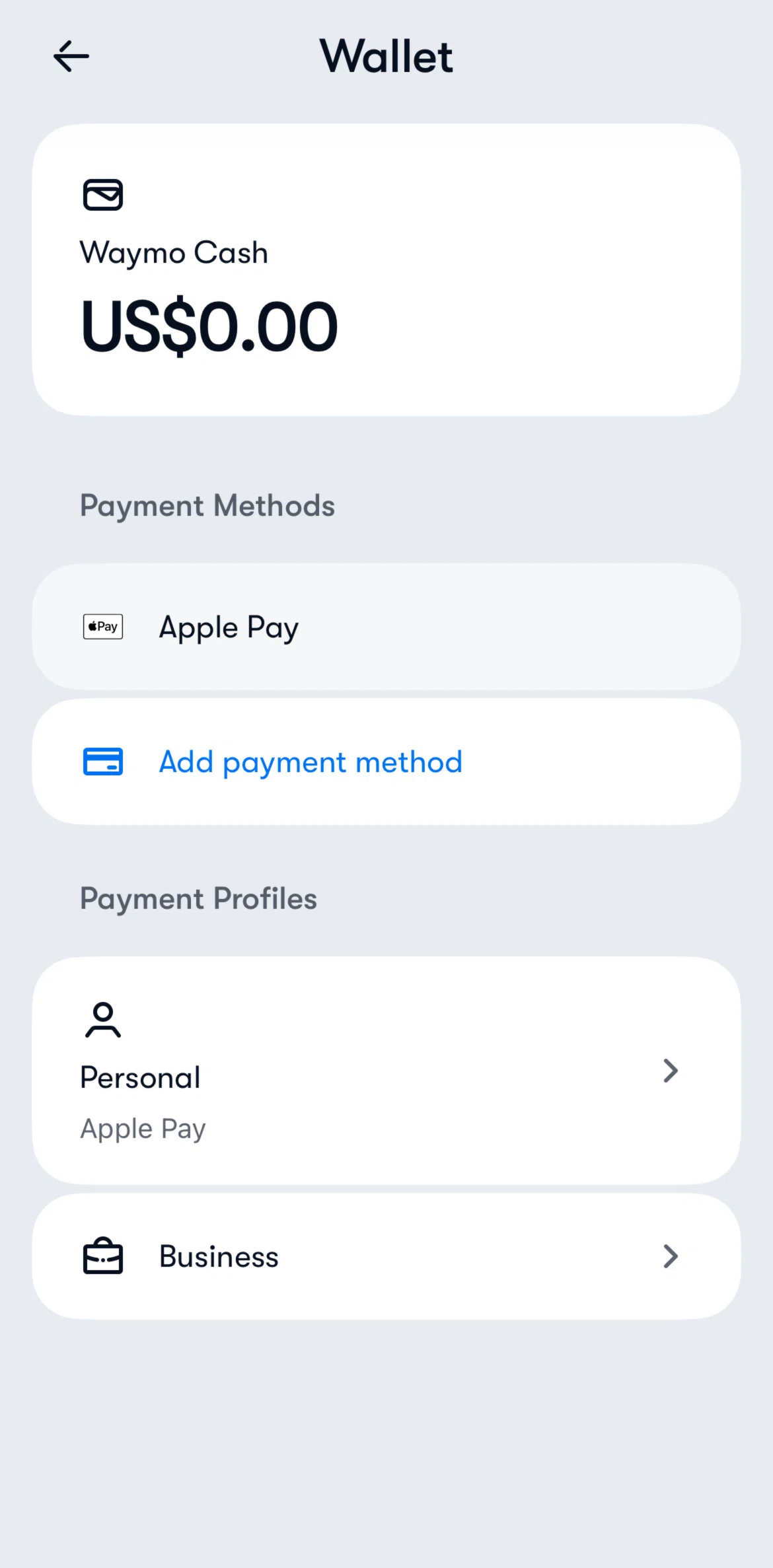 Waymo Screen screen in the Adding a payment method flow