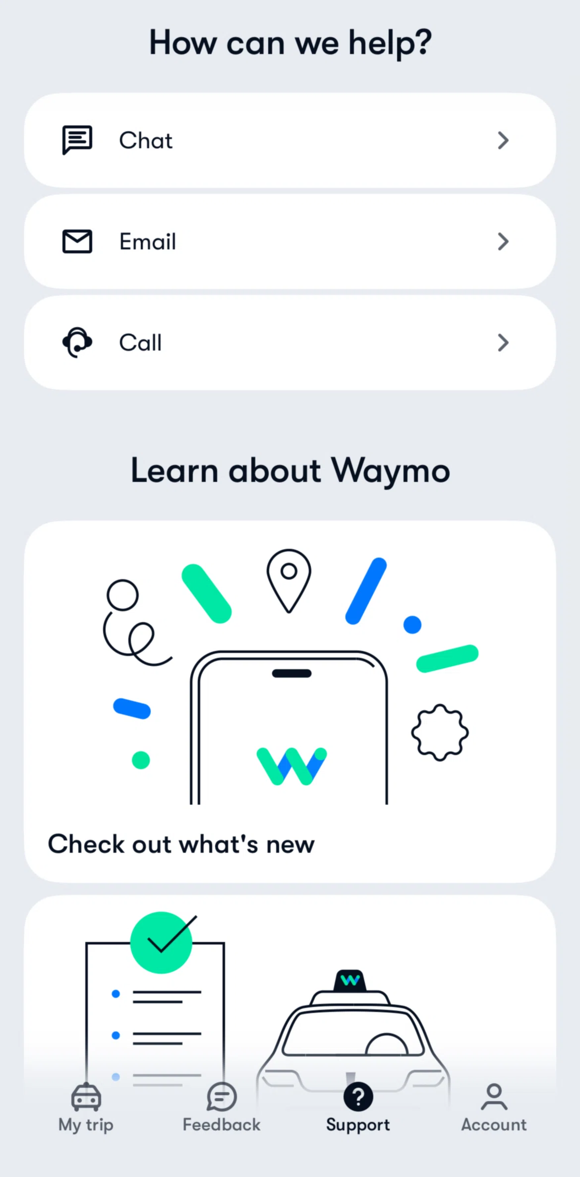 Waymo Screen screen in the Chatting with support flow