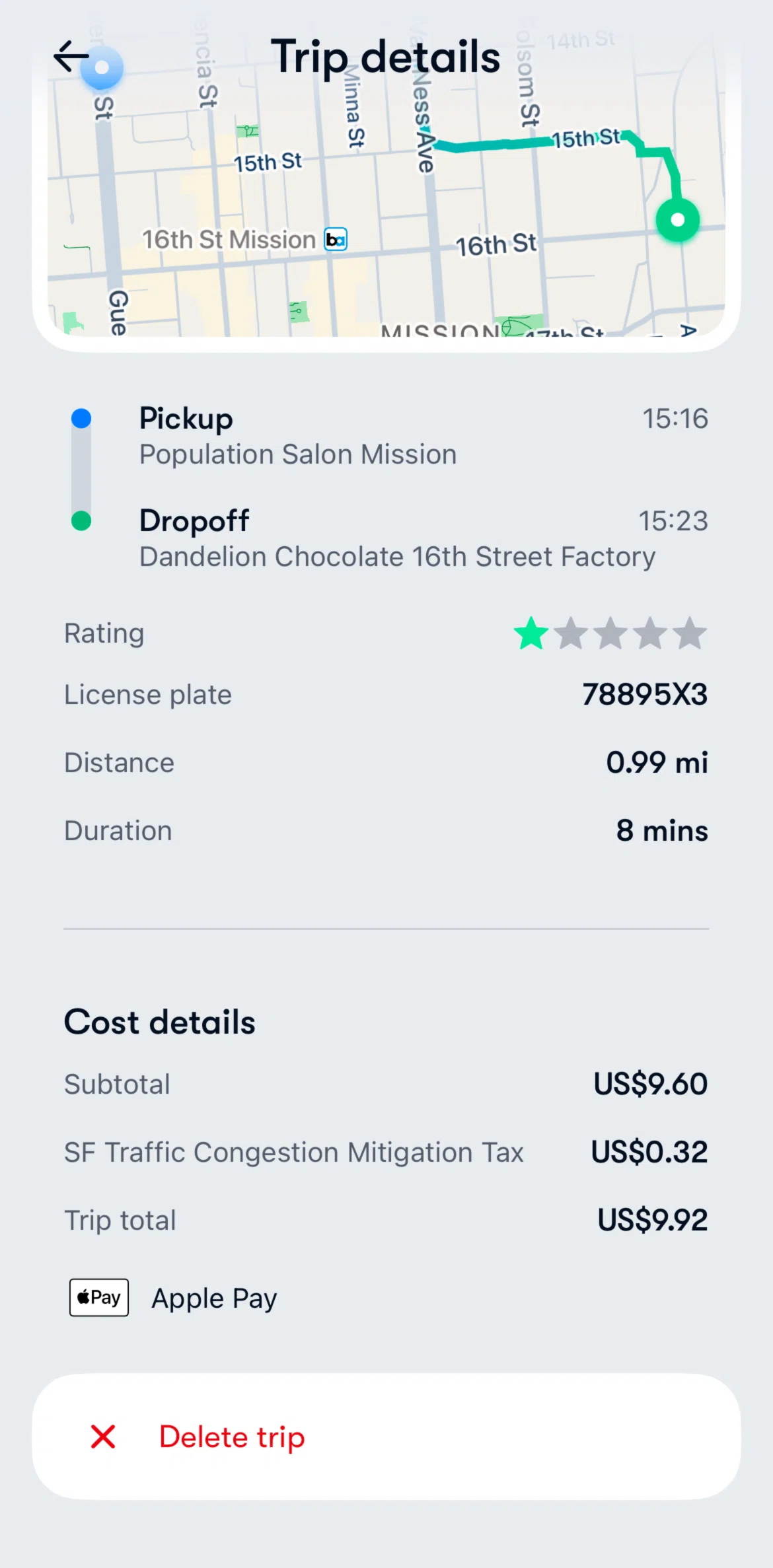 Waymo Screen screen in the Delete a trip flow