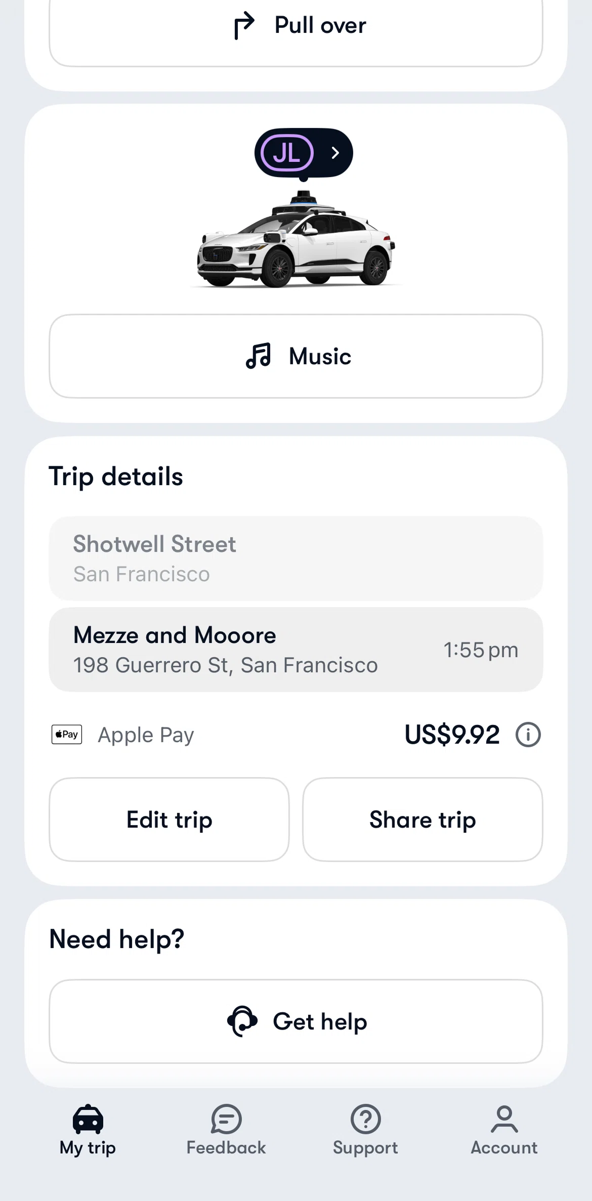 Waymo Screen screen in the Editing a trip flow
