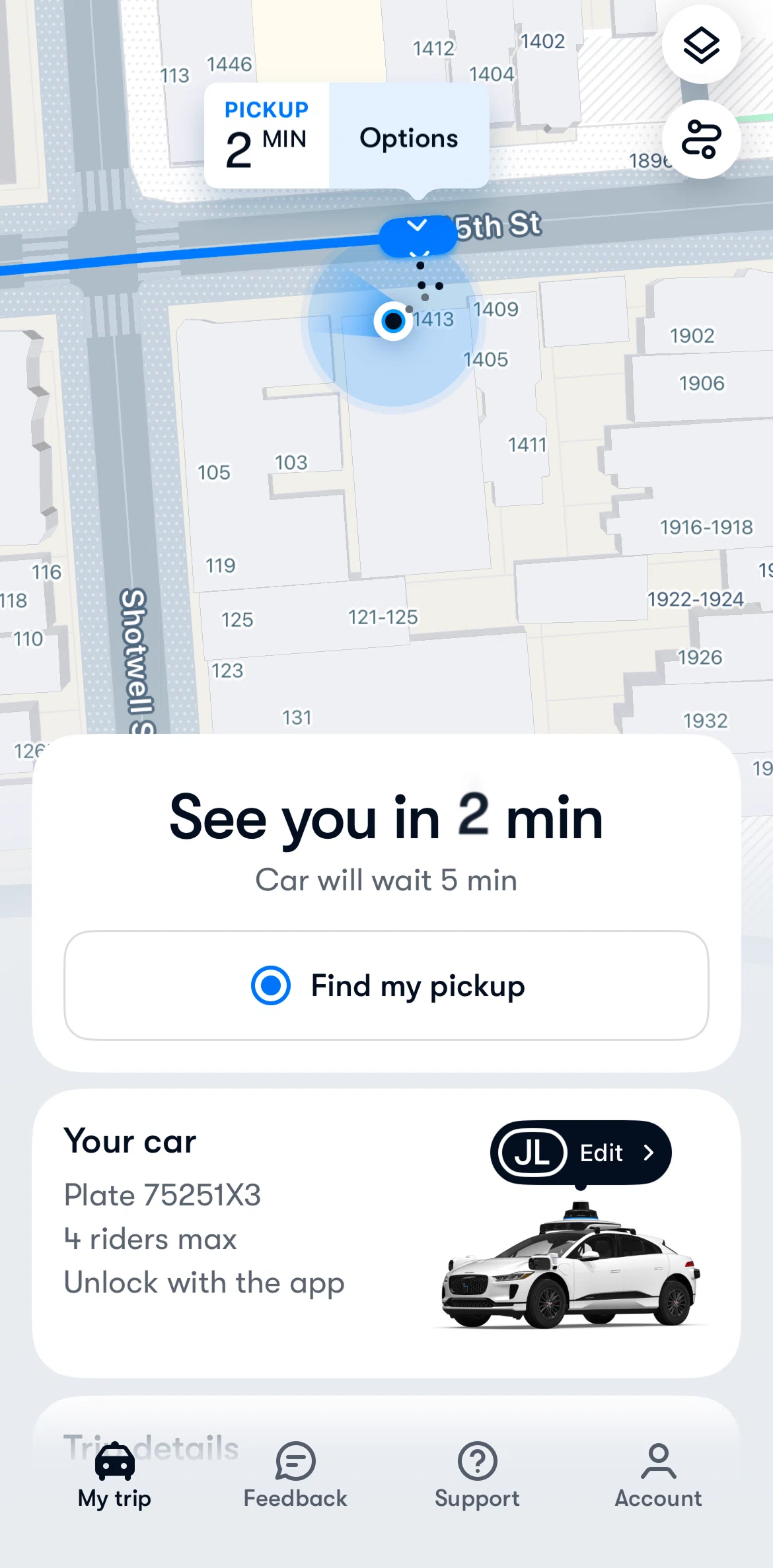 Waymo Screen screen in the Find a pickup location flow