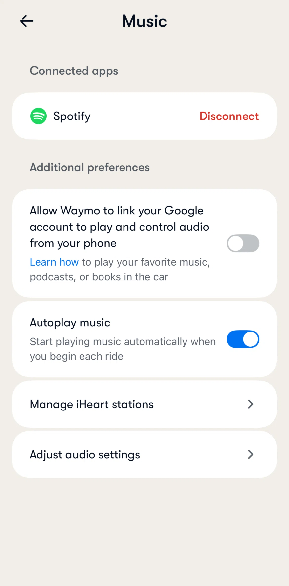 Waymo Screen screen in the Updating audio settings flow