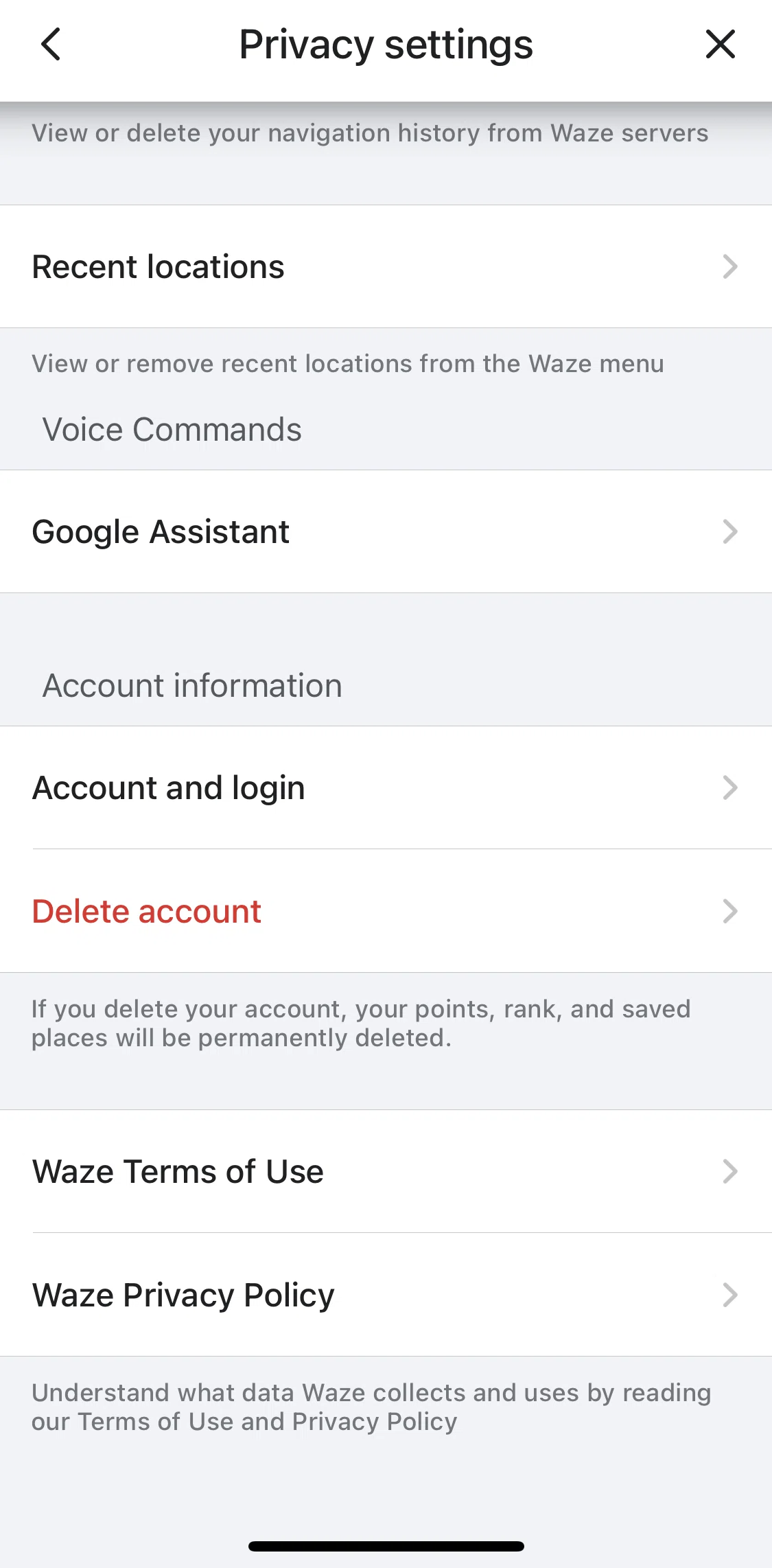 Waze Screen screen in the Deleting account flow