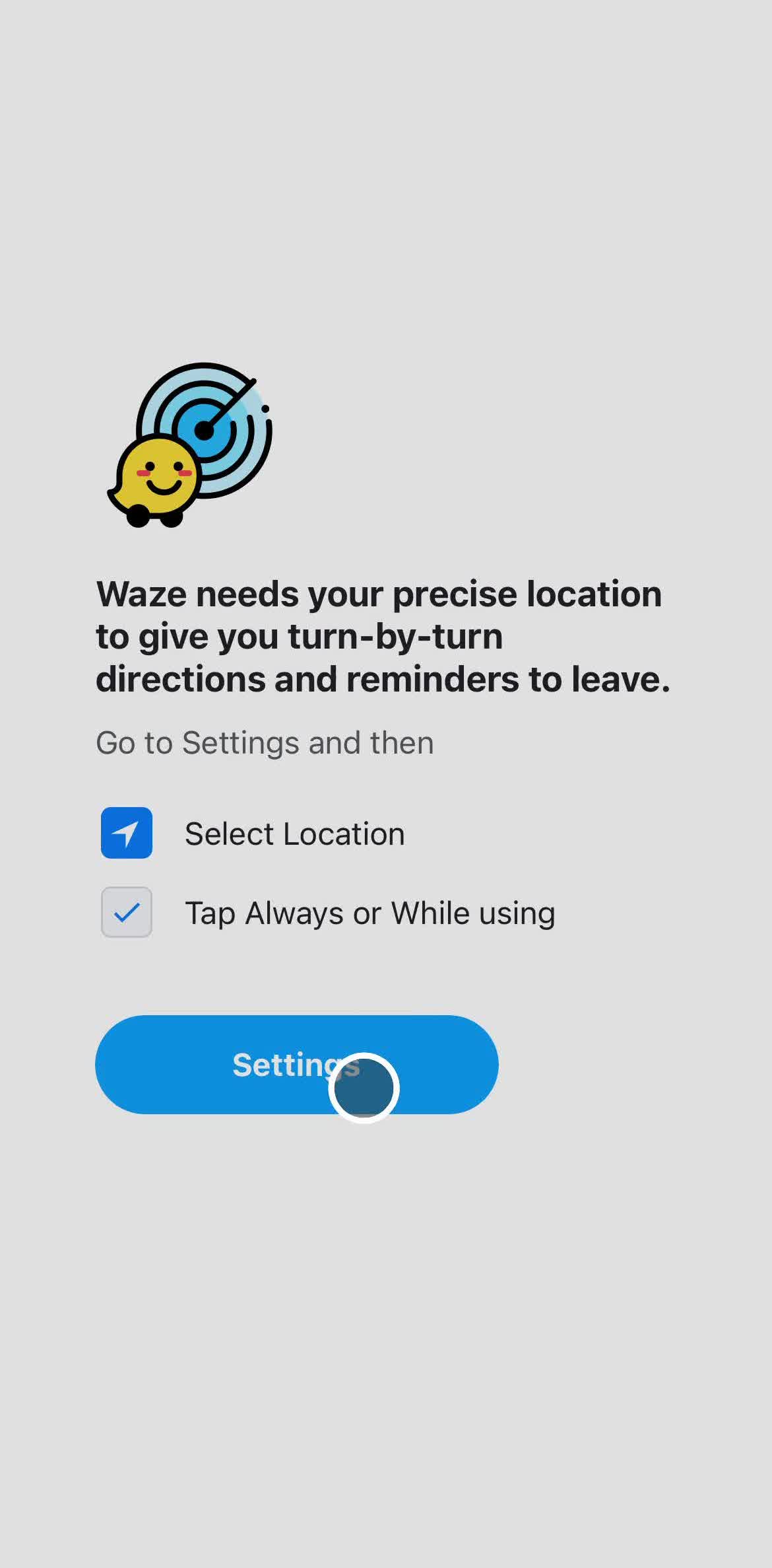 Waze Select location screen in the Onboarding flow