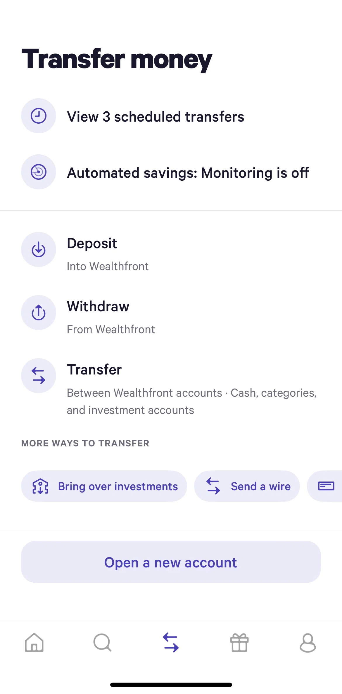 Wealthfront Screen screen in the Bringing over an investment flow