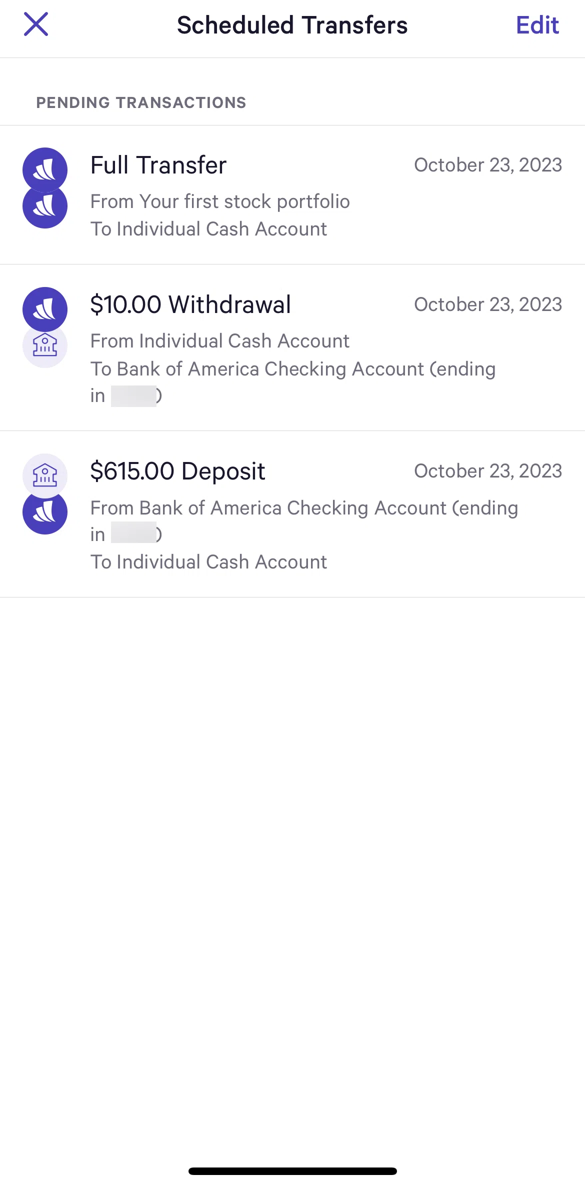 Wealthfront Screen screen in the Deleting a scheduled transfer flow