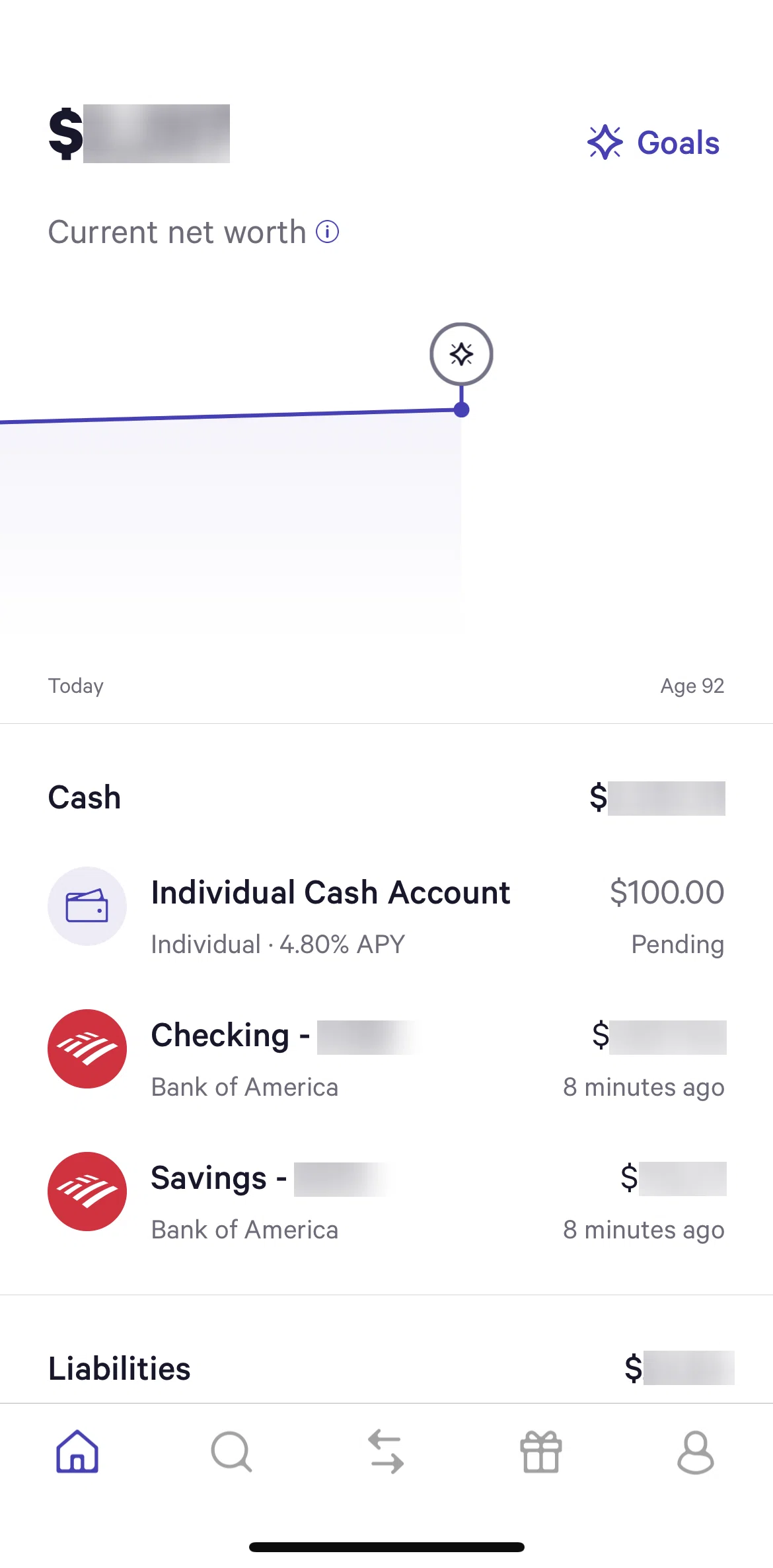 Wealthfront Screen screen in the Home flow