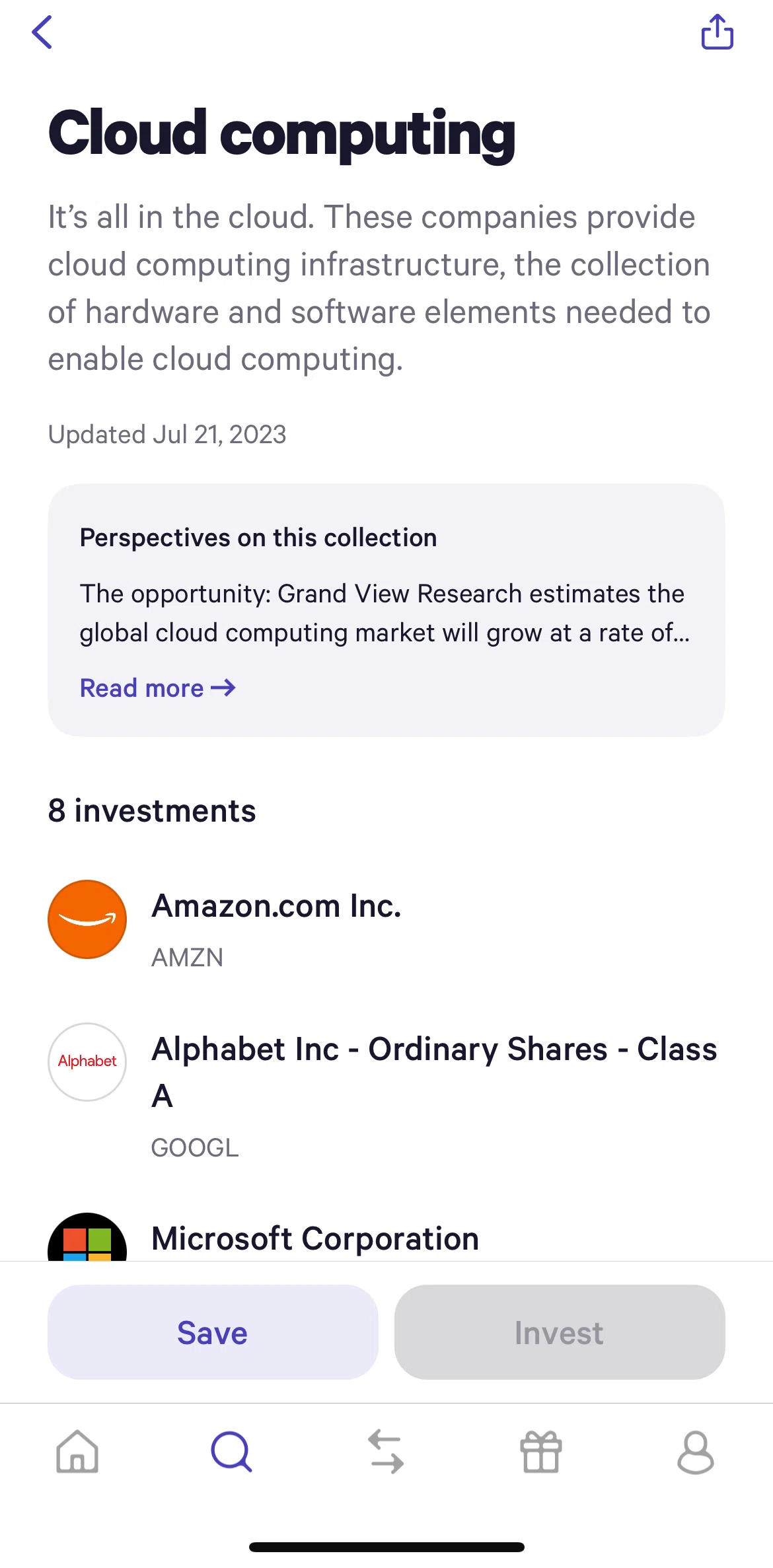 Wealthfront Screen screen in the Investing in a stock flow