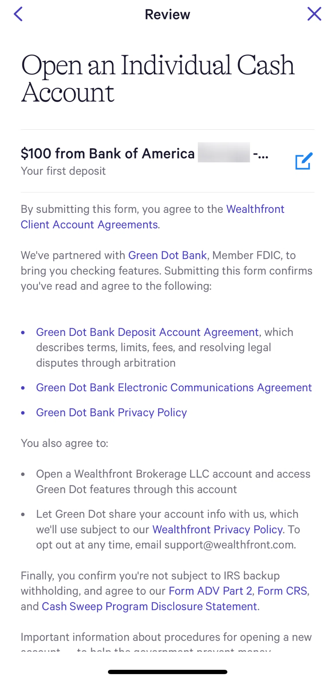 Wealthfront Screen screen in the Opening an individual cash account flow