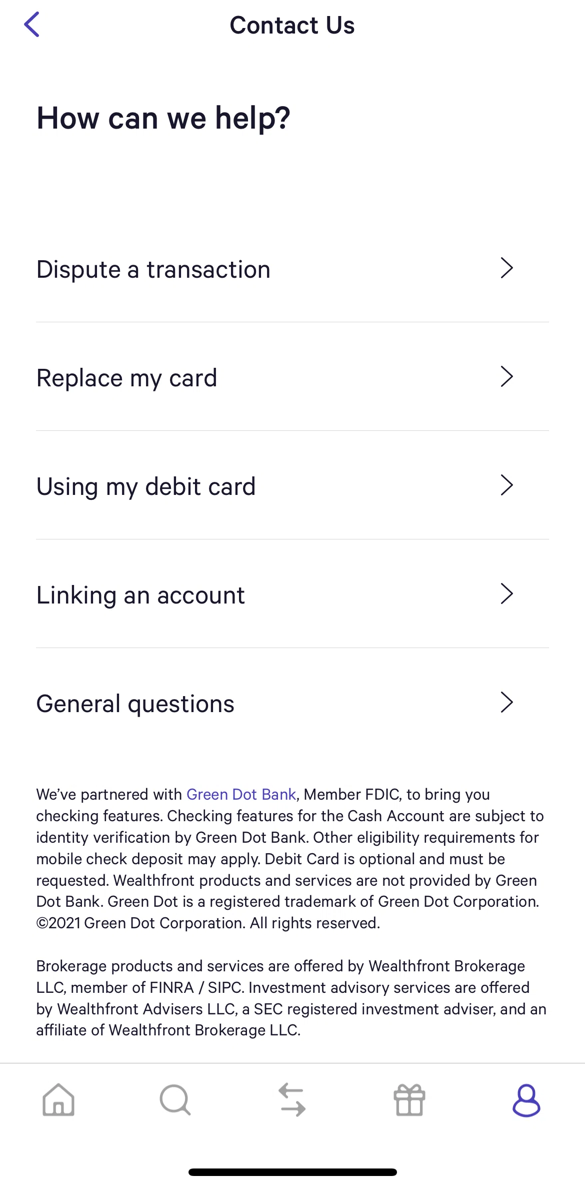 Wealthfront Screen screen in the Replace my card flow