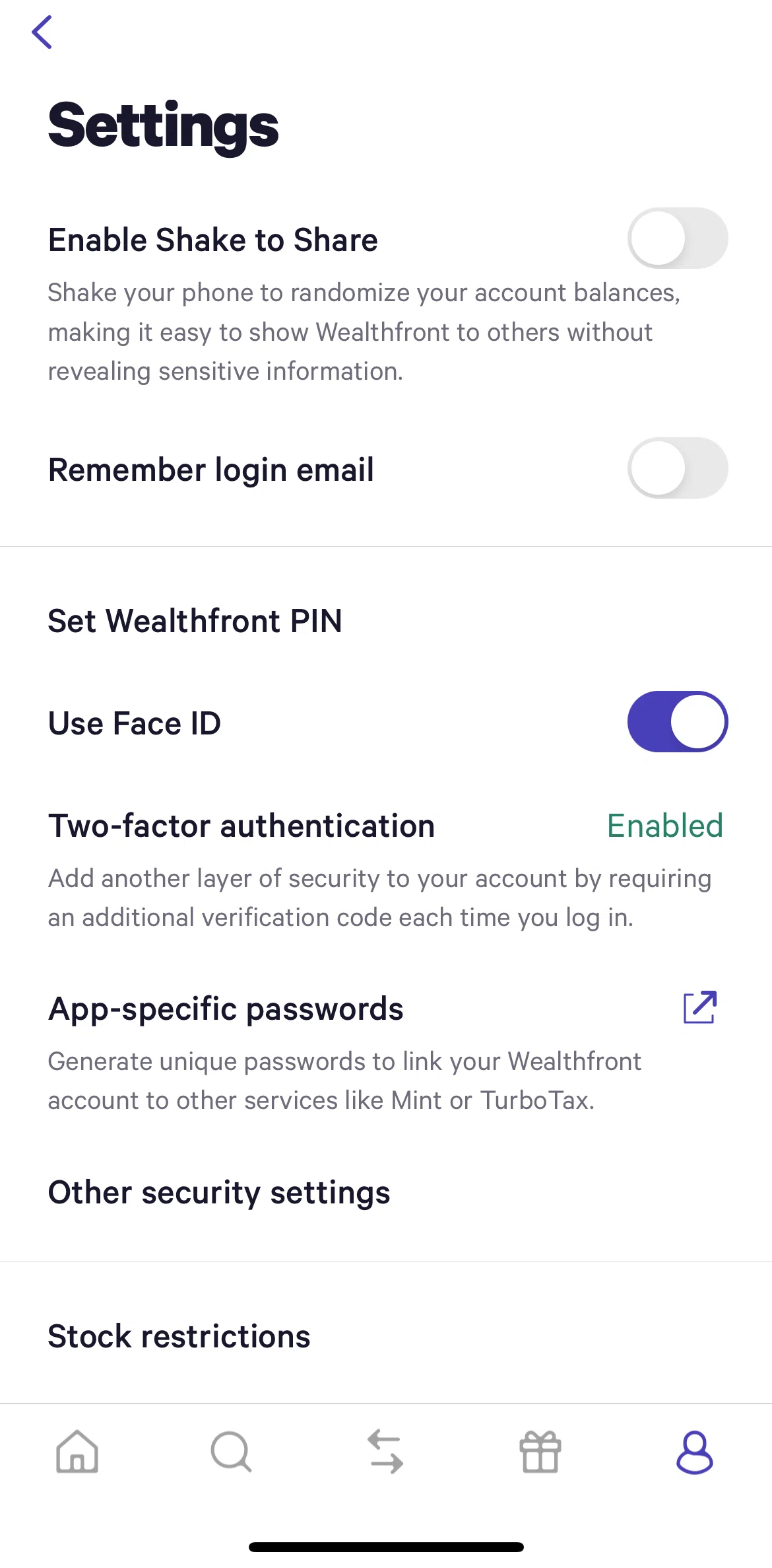Wealthfront Screen screen in the Setting a PIN flow