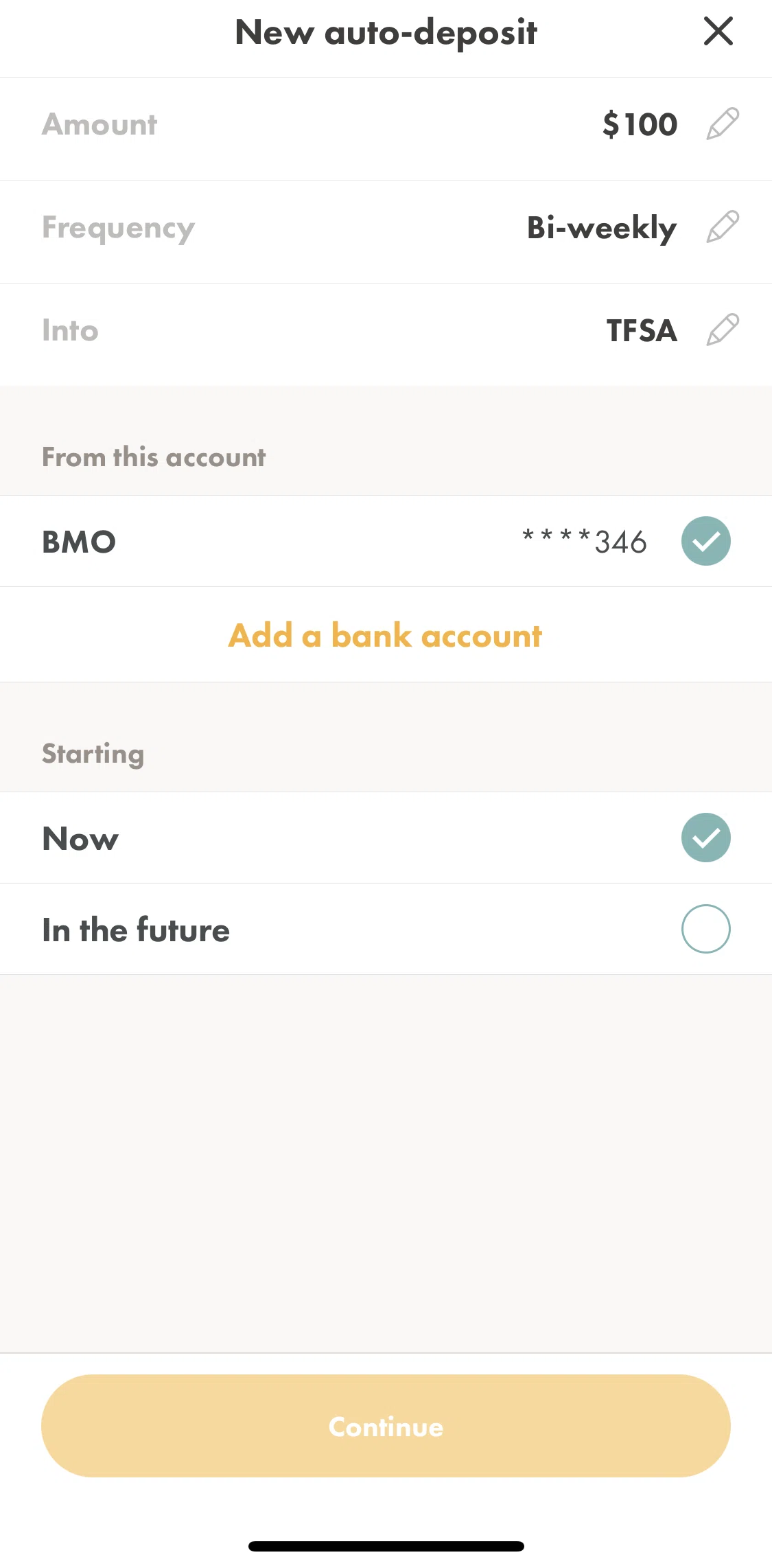 Wealthsimple Invest Screen screen in the Adding bank account details flow