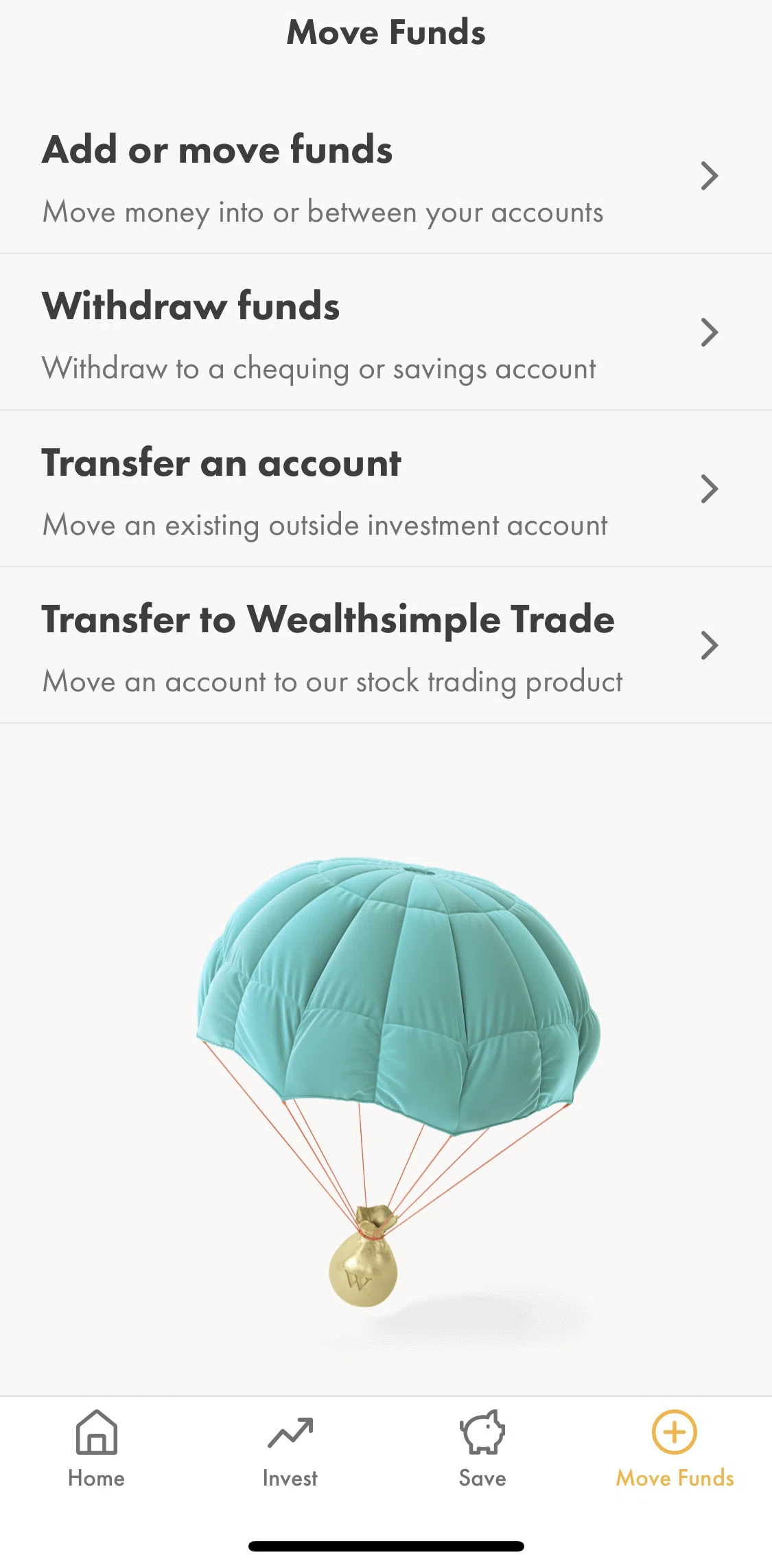 Wealthsimple Invest Screen screen in the Adding or moving funds flow