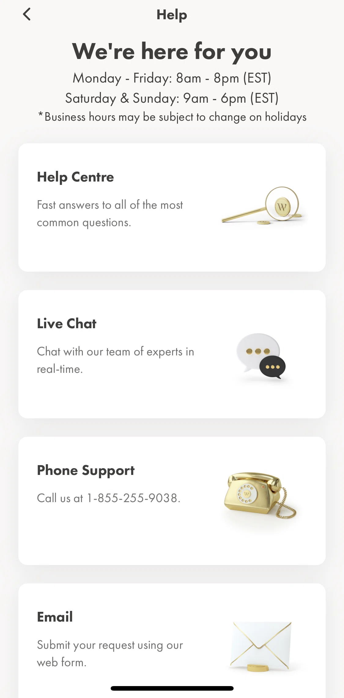 Wealthsimple Invest Screen screen in the Contacting customer service flow