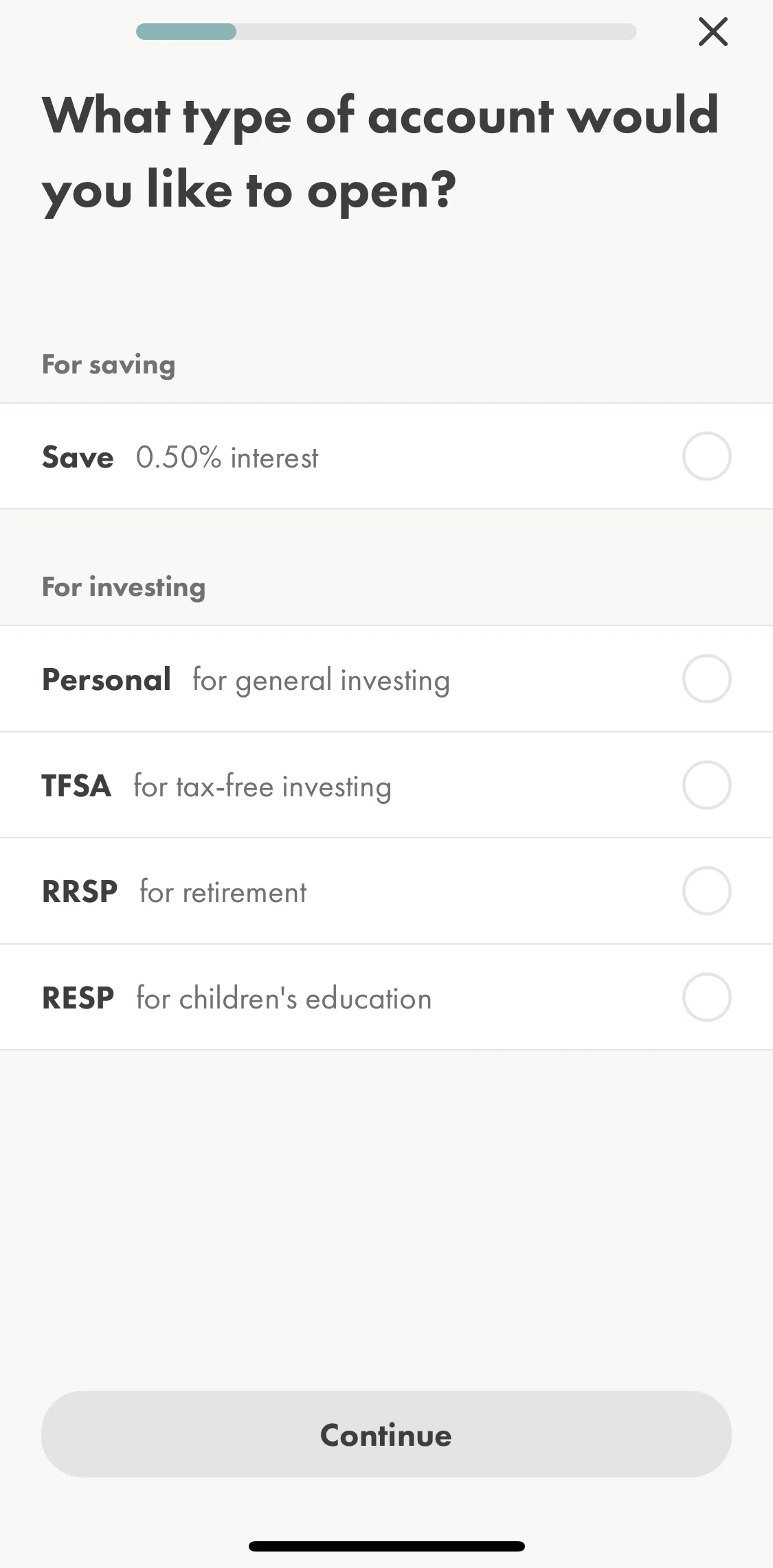 Wealthsimple Invest Screen screen in the Opening a new investment account (Personal) flow