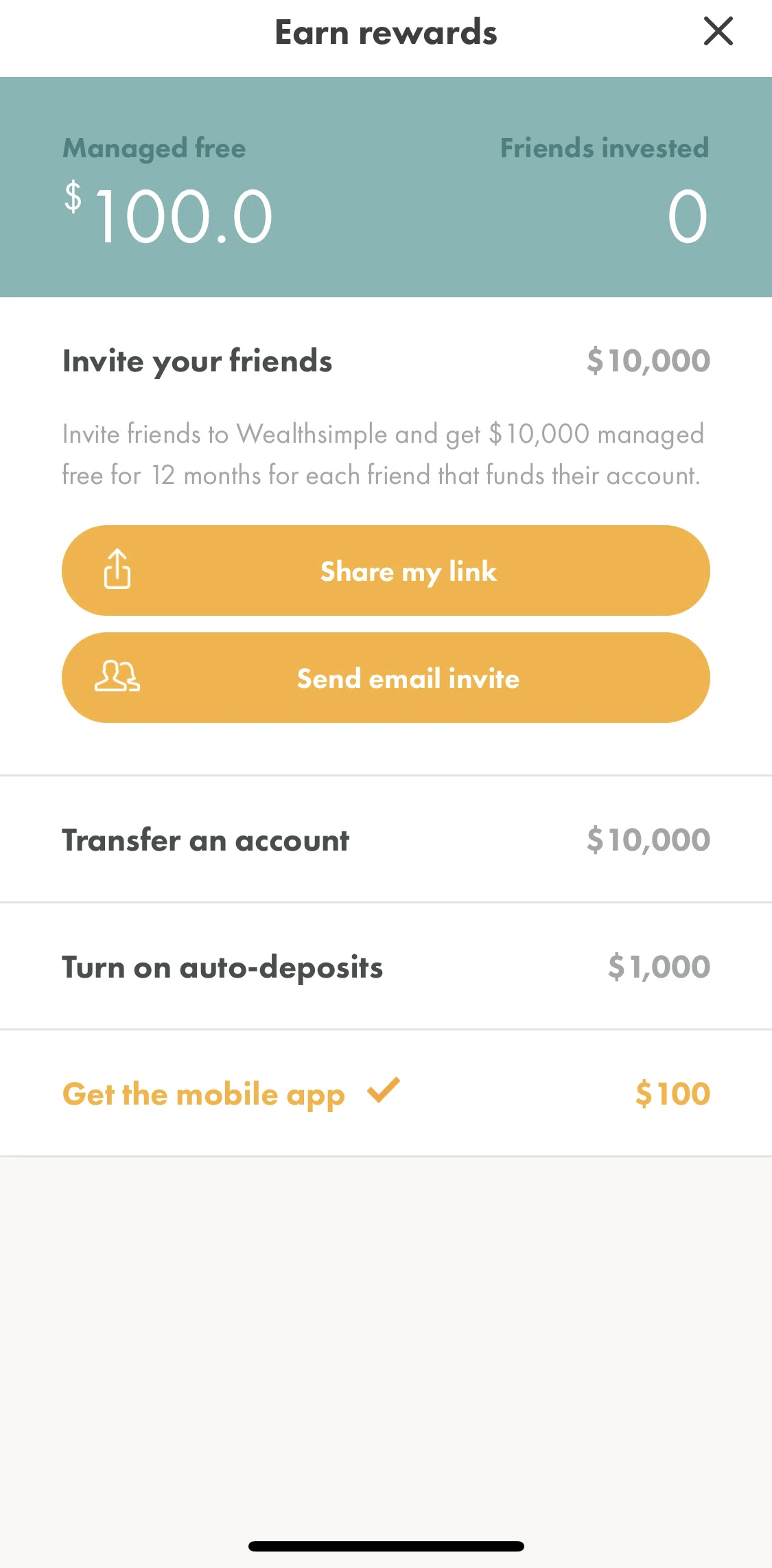 Wealthsimple Invest Screen screen in the Sending an email invite flow