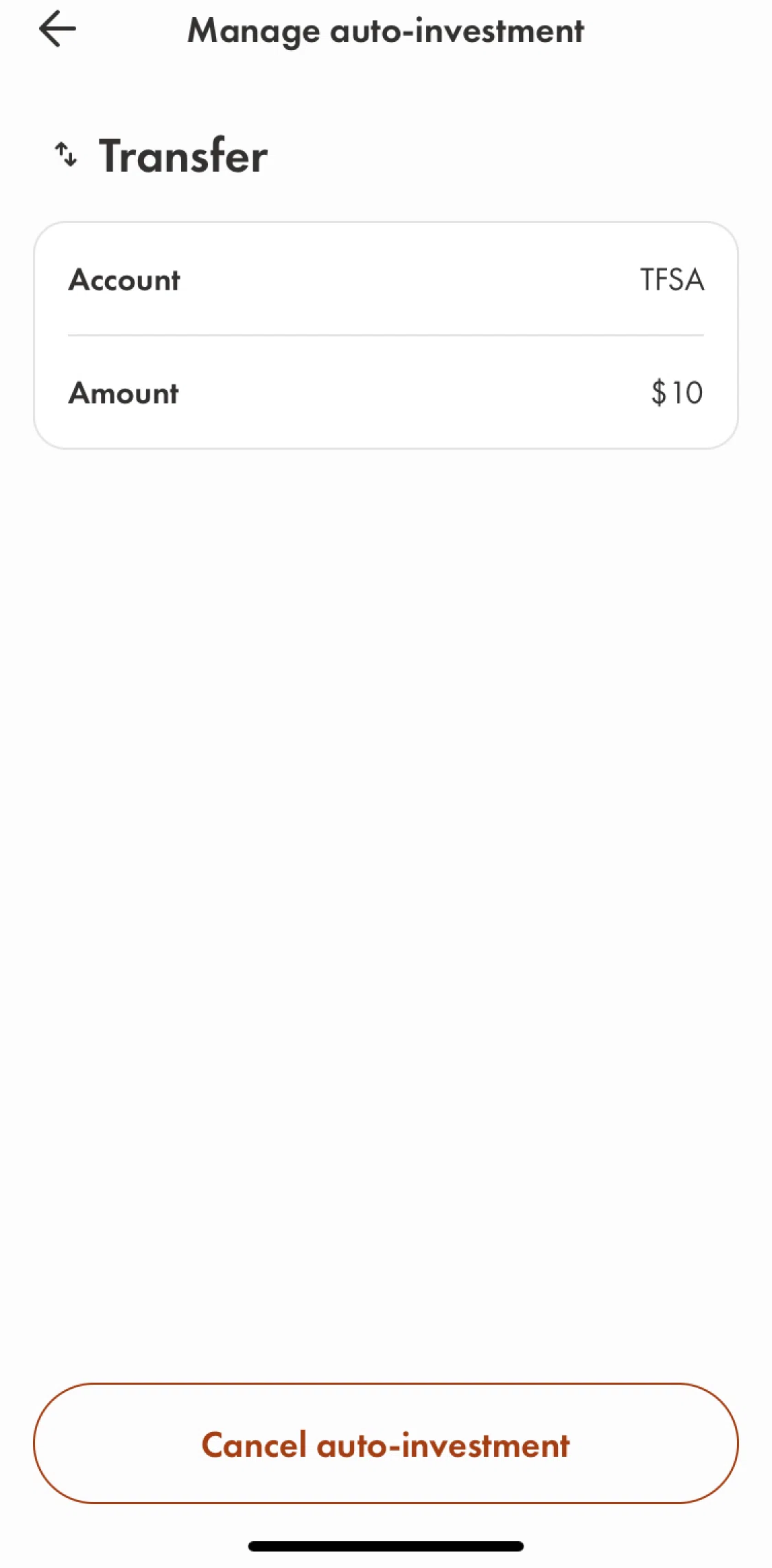 Wealthsimple Screen screen in the Cancelling an auto investing flow