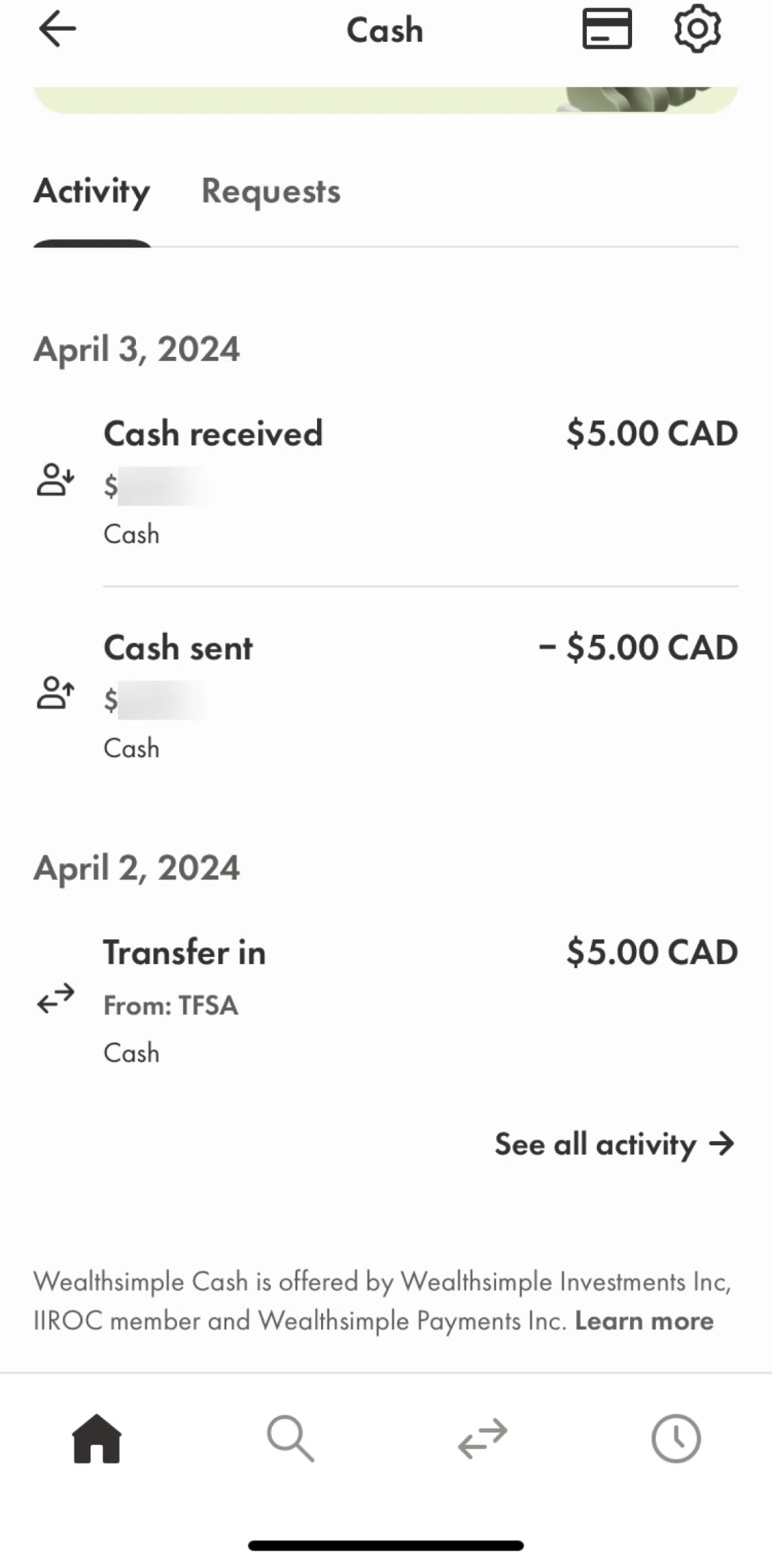 Wealthsimple Screen screen in the Cash activity flow
