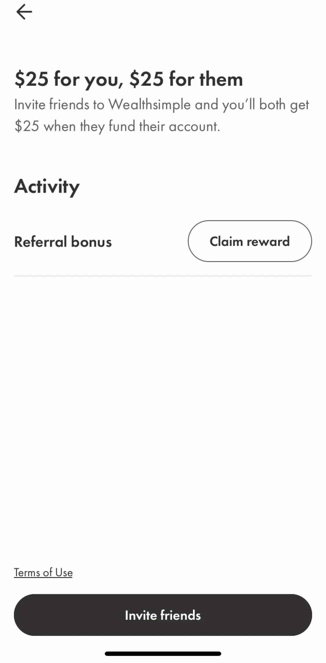 Wealthsimple Screen screen in the Claiming a reward flow