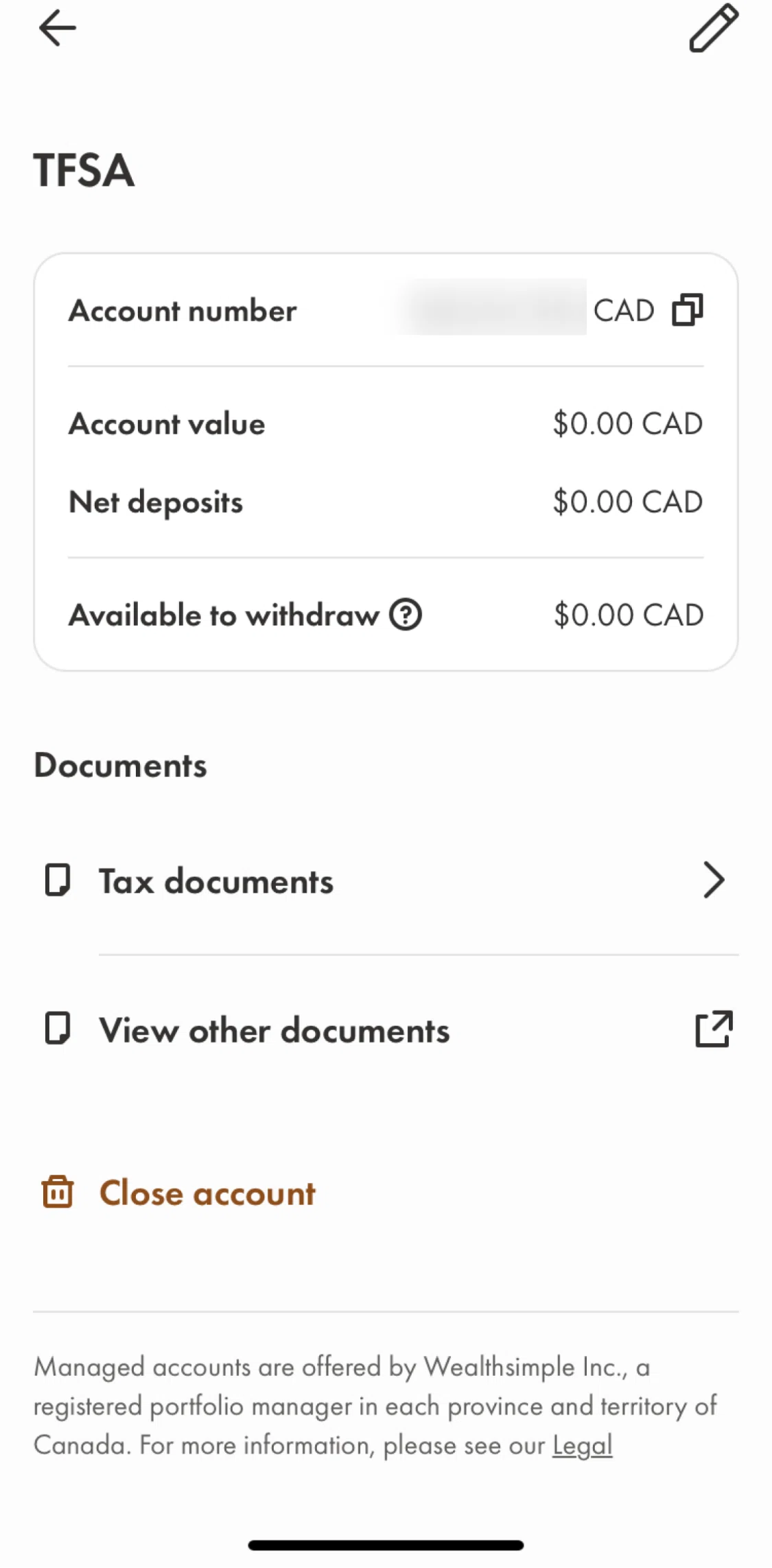 Wealthsimple Screen screen in the Closing an account flow