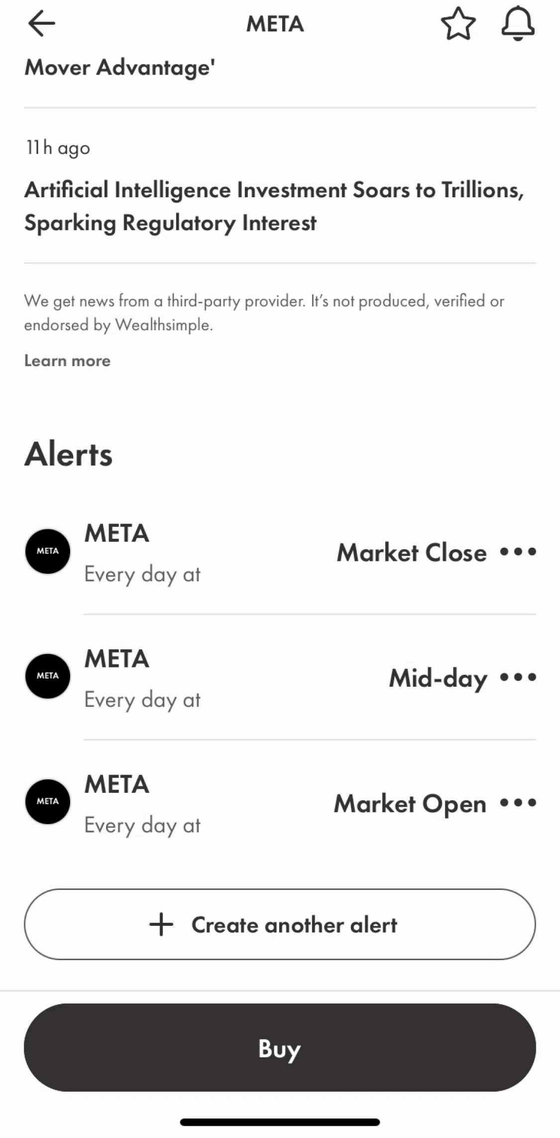 Wealthsimple Screen screen in the Deleting an alert flow