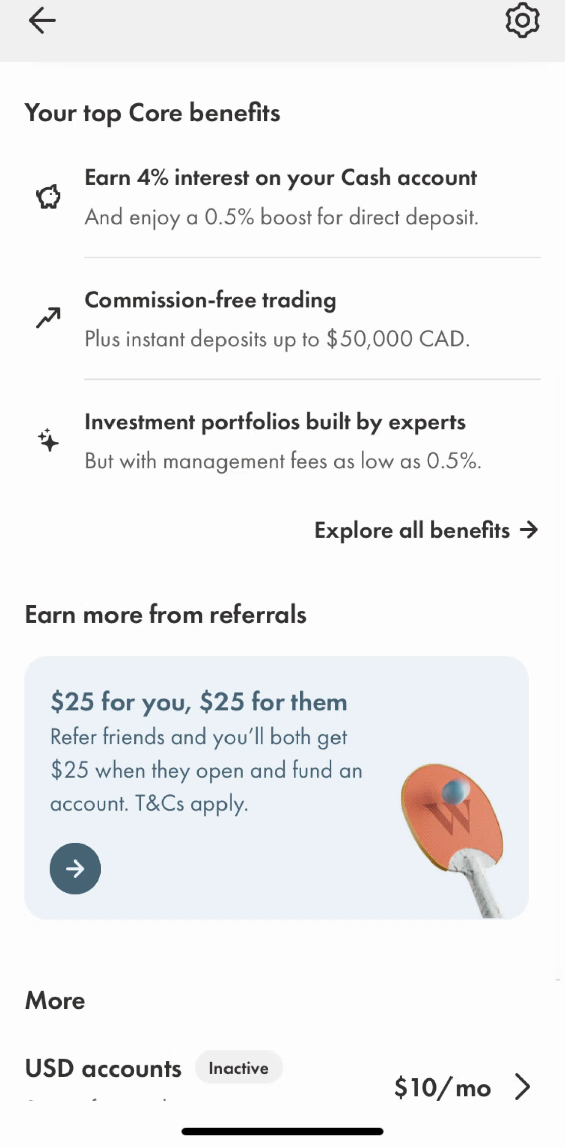 Wealthsimple Screen screen in the Explore all benefits flow