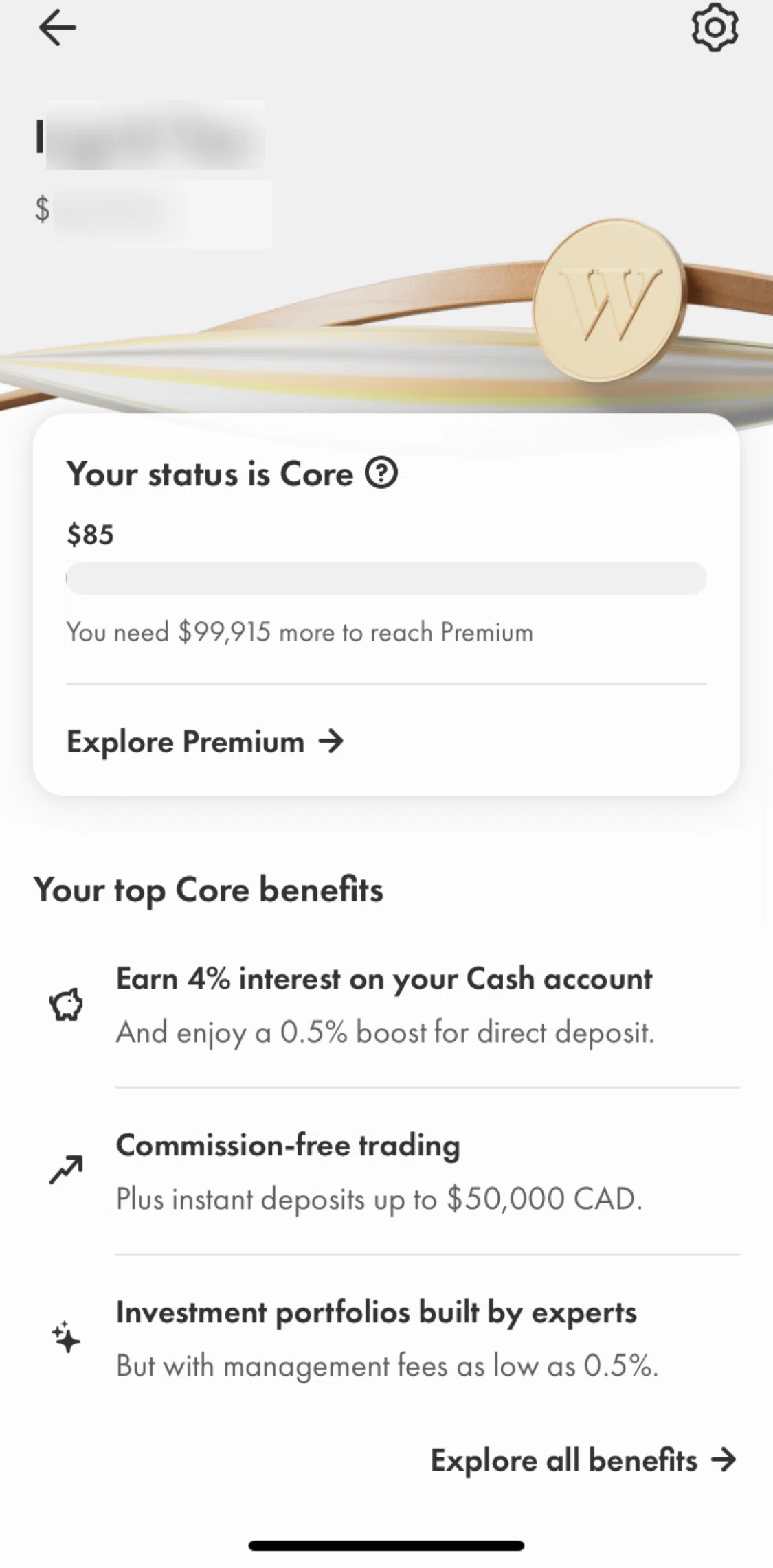Wealthsimple Screen screen in the Explore Premium flow