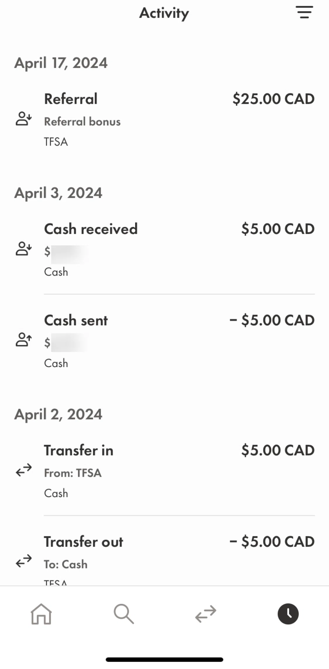 Wealthsimple Screen screen in the Filter activity flow