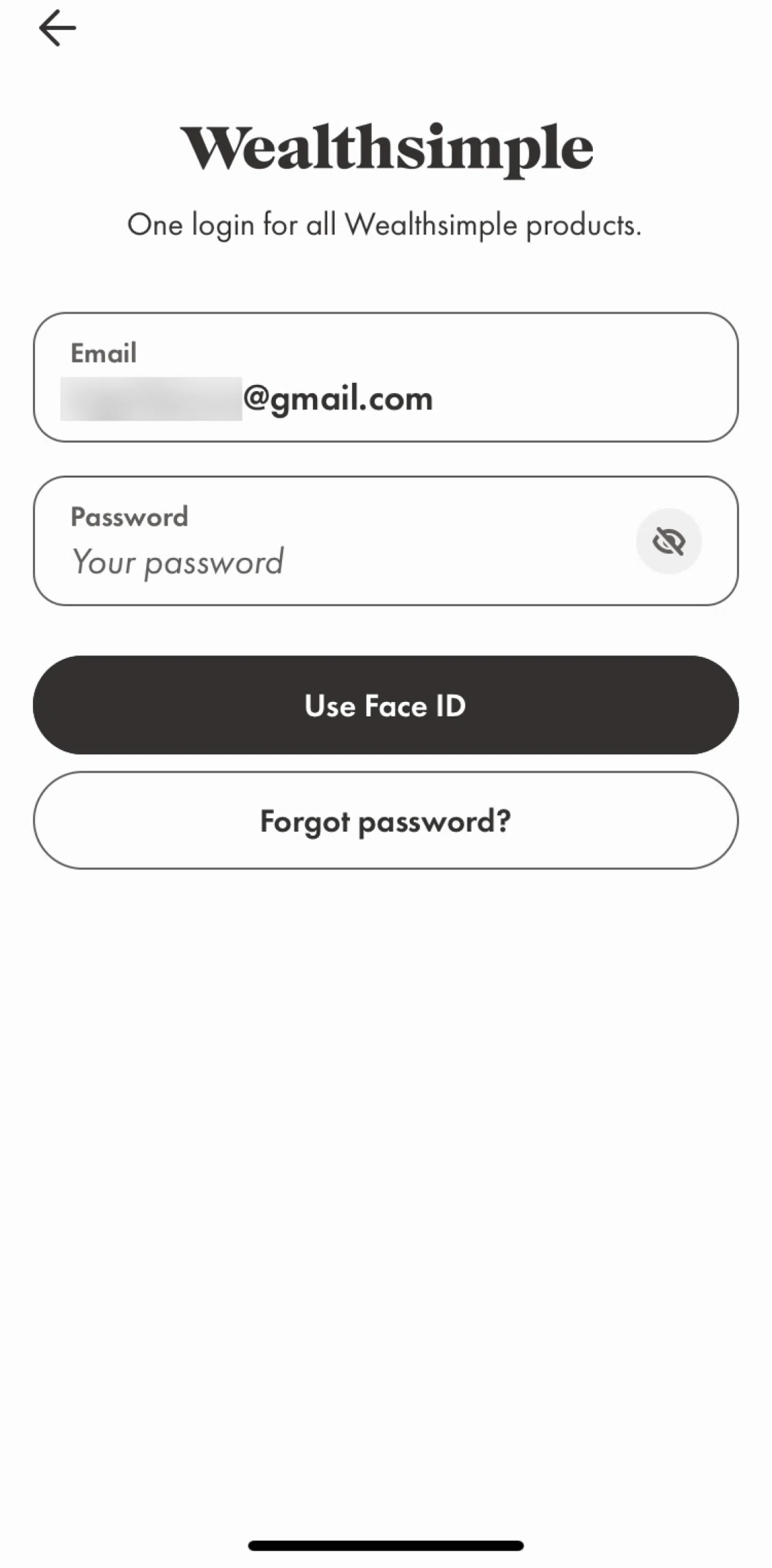 Wealthsimple Screen screen in the Forgot password flow