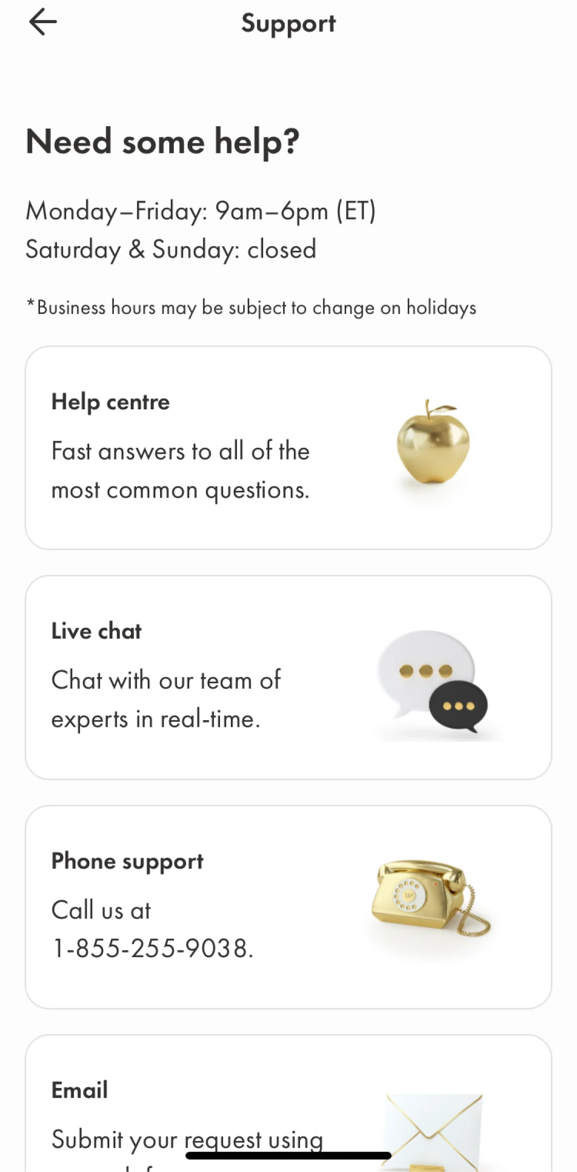 Wealthsimple Screen screen in the Live chat flow