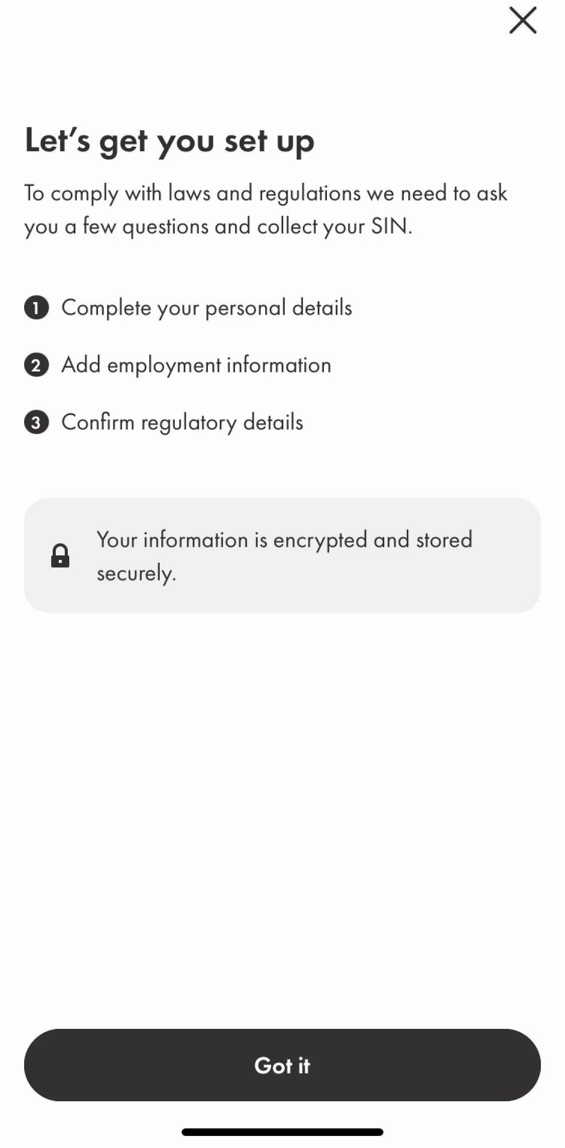Wealthsimple Screen screen in the Setting up my account flow