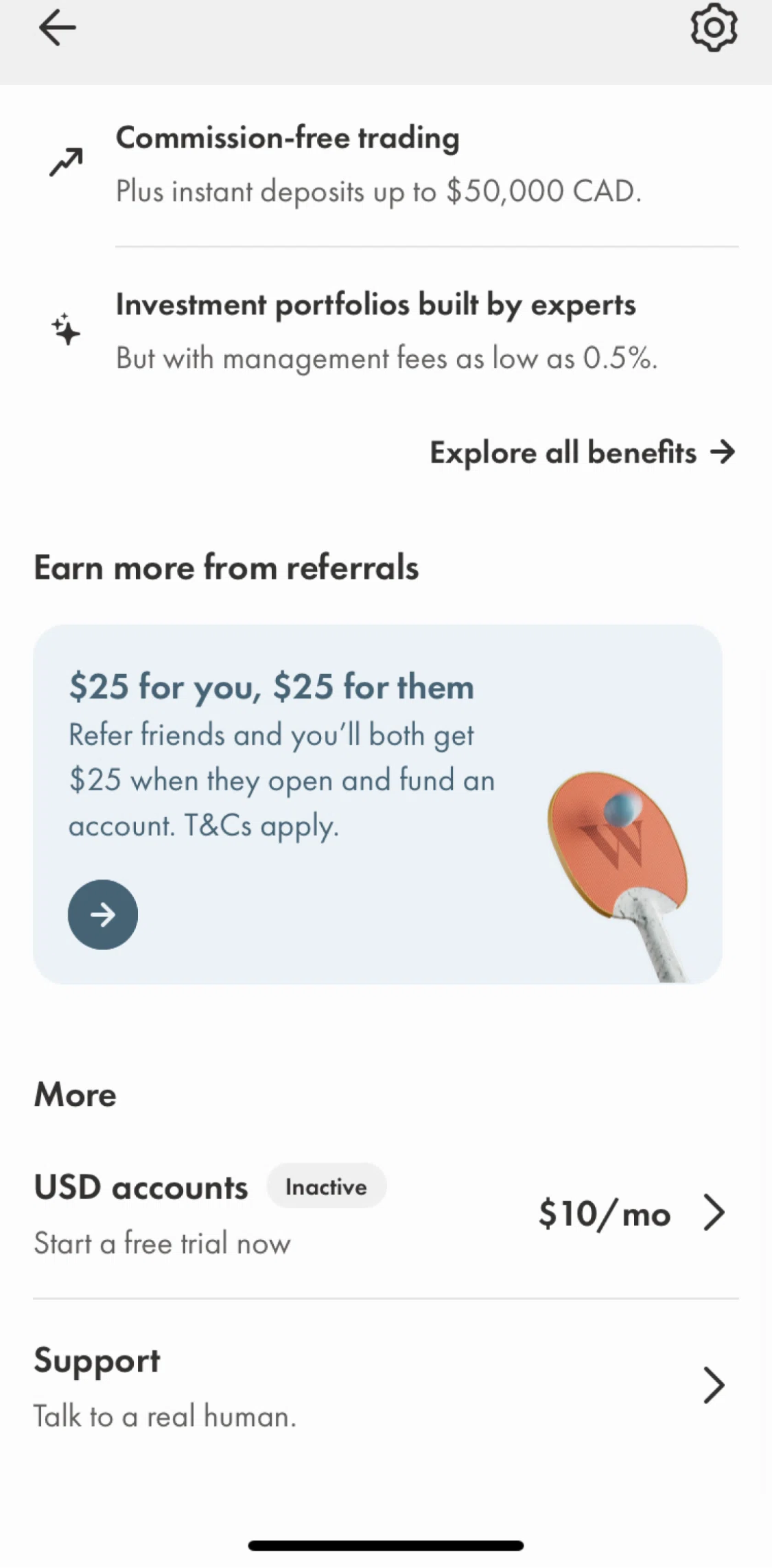 Wealthsimple Screen screen in the Support flow