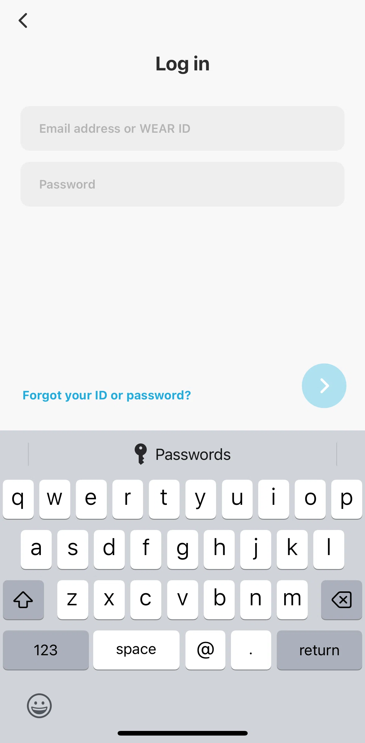 WEAR Screen screen in the Resetting password flow