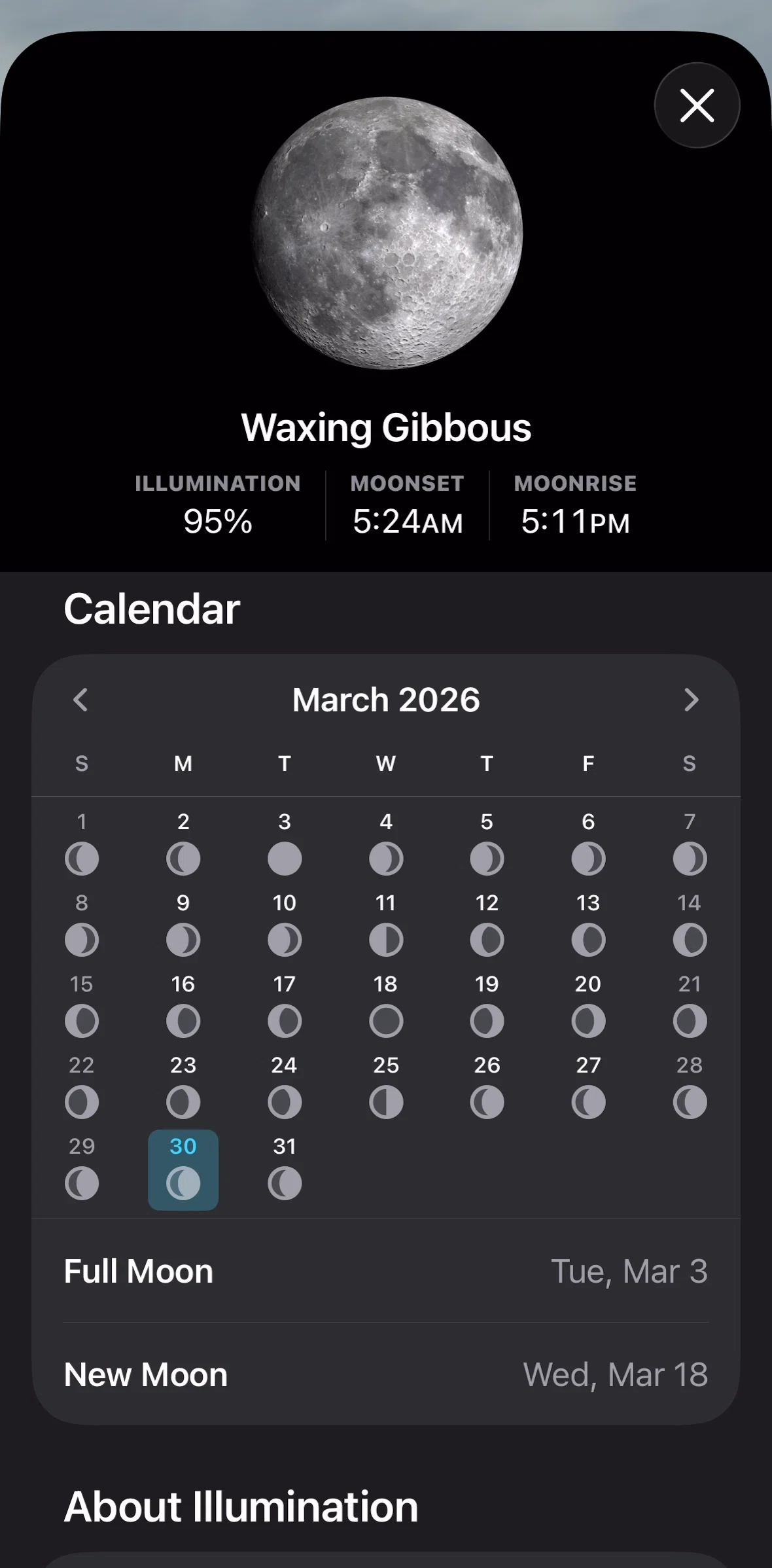 Weather Screen screen in the Changing date (moon phase) flow