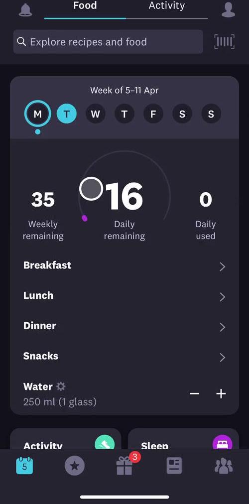 Weight Watchers Dashboard screen in the Discovering Content flow