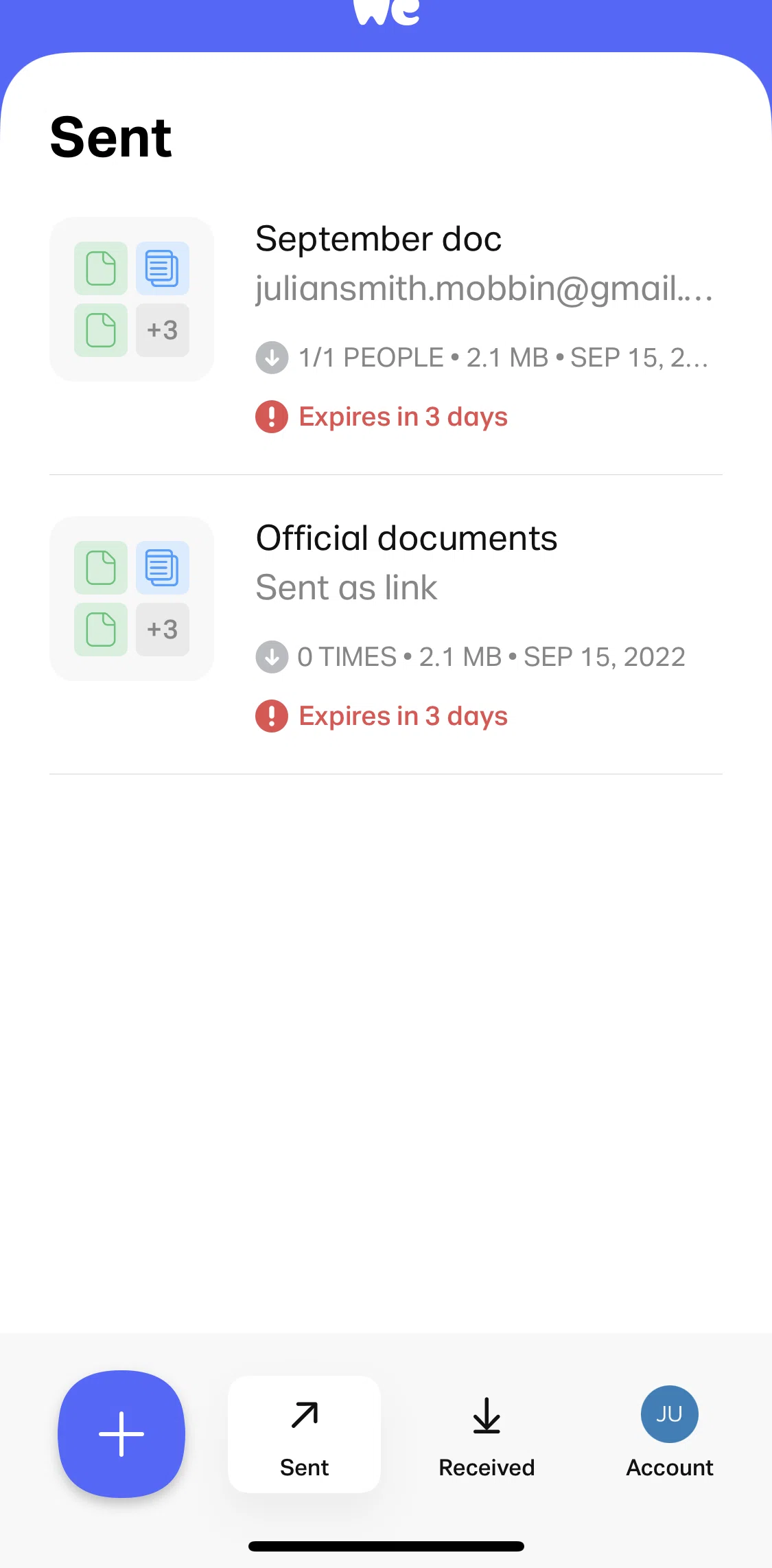 WeTransfer Screen screen in the Extending a transfer expiry duration flow