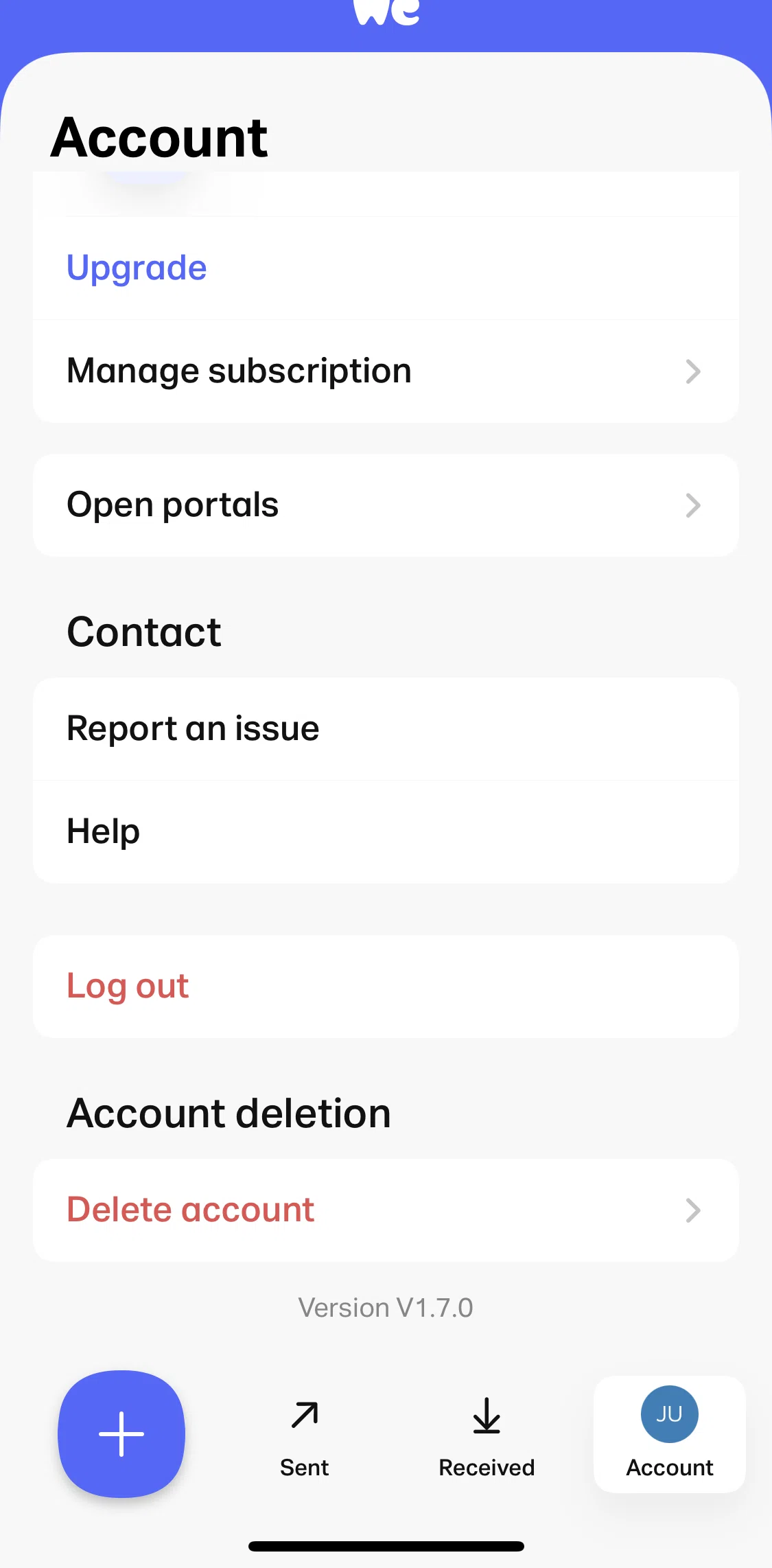WeTransfer Screen screen in the Help flow
